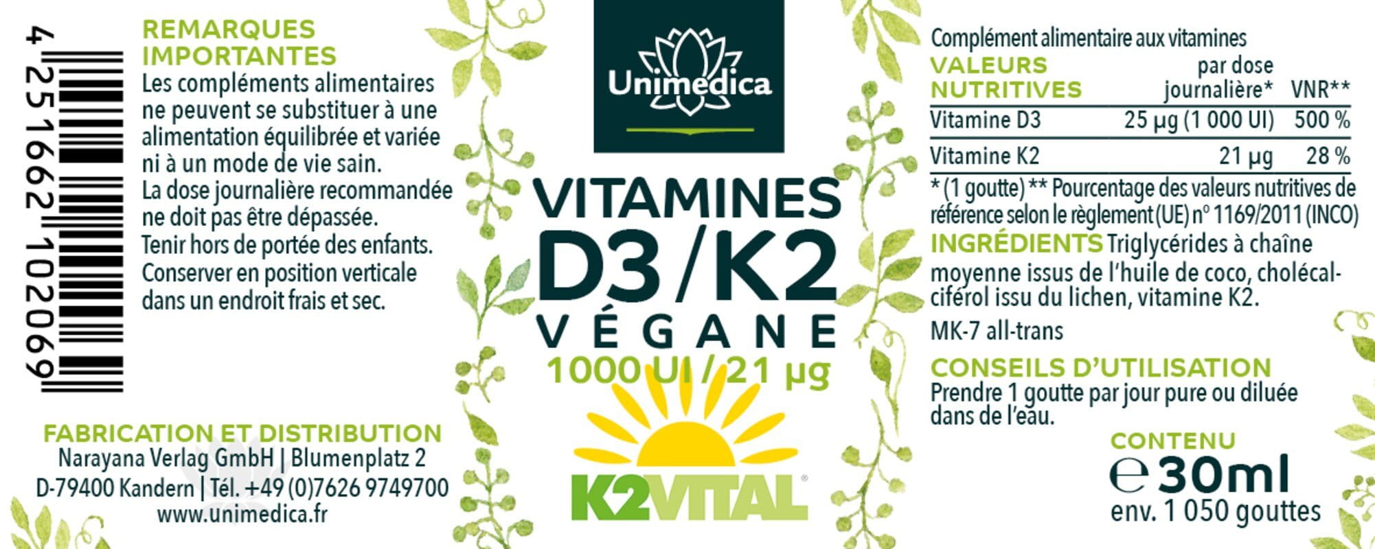 Vitamine D3 / K2 végane avec D3 de lichen avec K2Vital de Kappa - D3 1.000 I.U. 25 µg / K2 21 µg (1 goutte) par dose journalière- 30 ml - de Unimedica