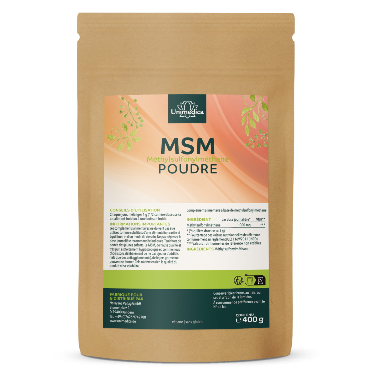 Poudre de MSM 400 g - pureté 99 % - 1 000 mg par dose journalière (½ cuillère doseuse) - par Unimedica