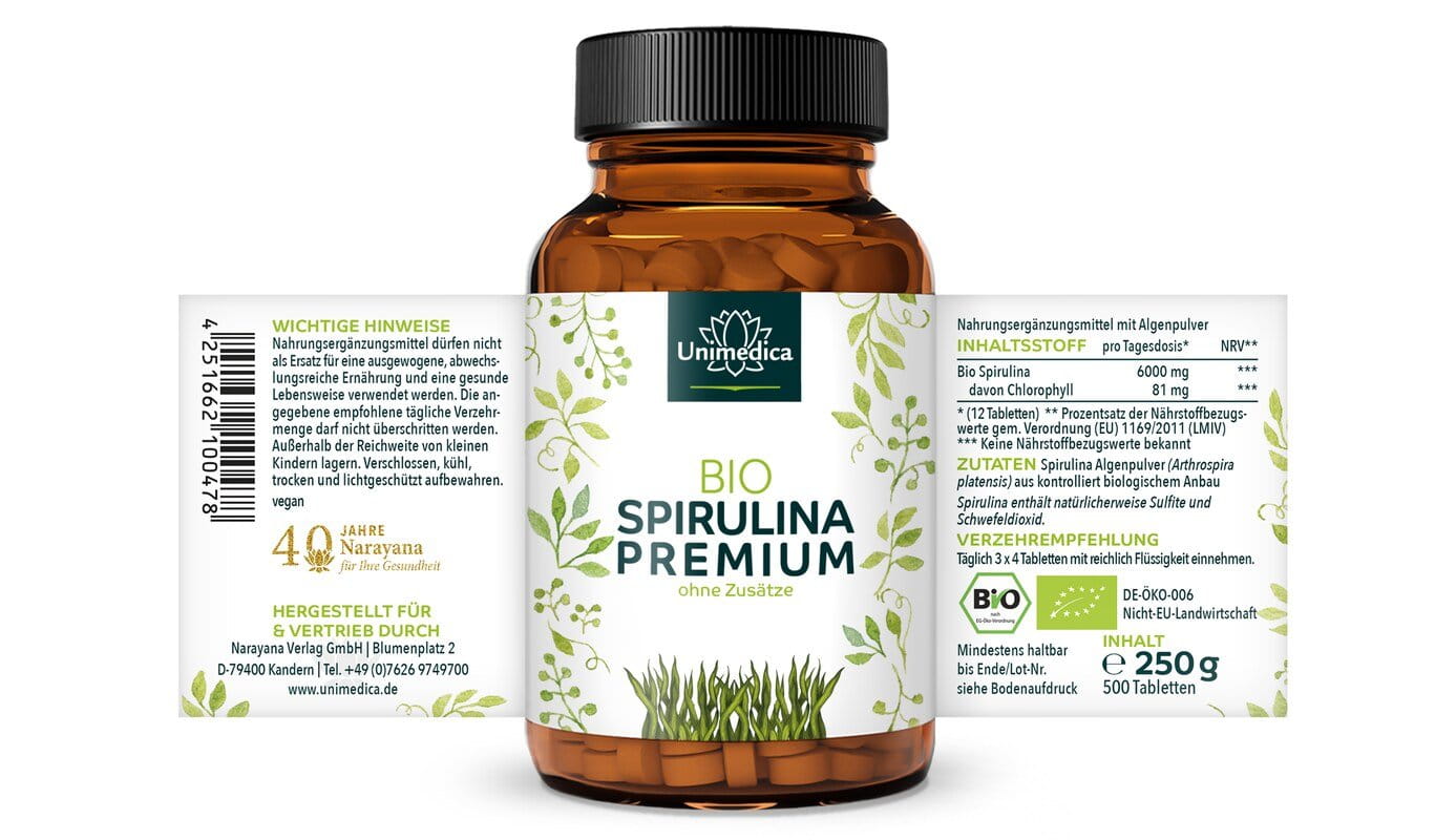 2er-Sparset: Bio Spirulina Premium - 6000 mg pro Tagesdosis (3 x 4 Tabletten) -  hochdosiert - 2 x 500 Tabletten - von Unimedica