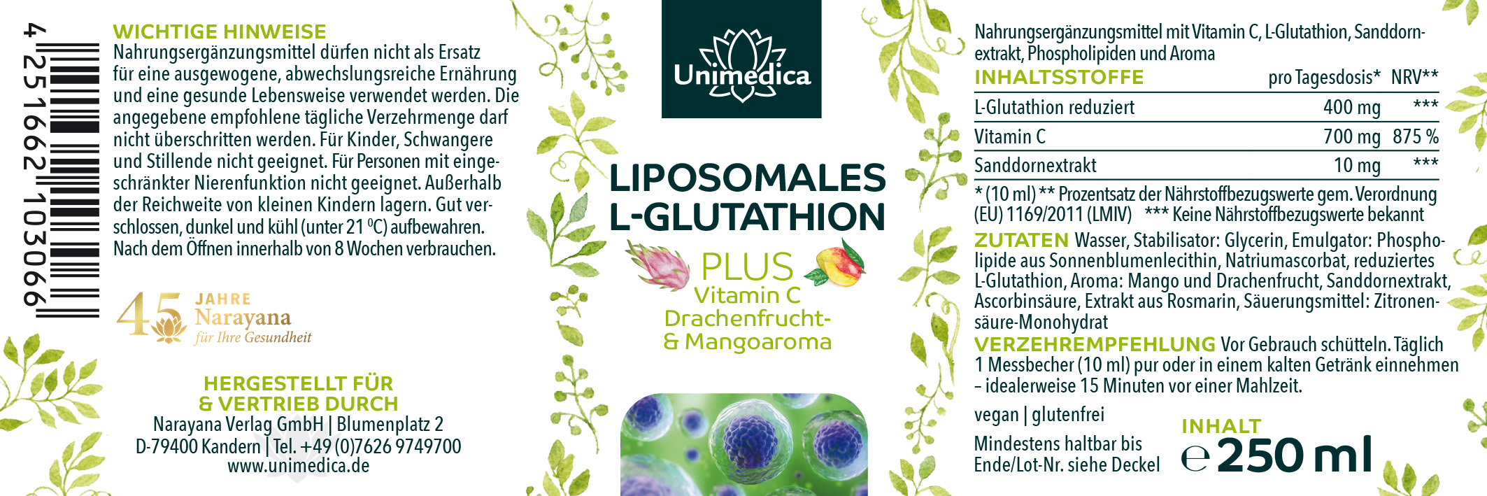 Liposomales L-Glutathion PLUS Vitamin C, Drachenfrucht- und Mangoaroma - 250 ml - von Unimedica