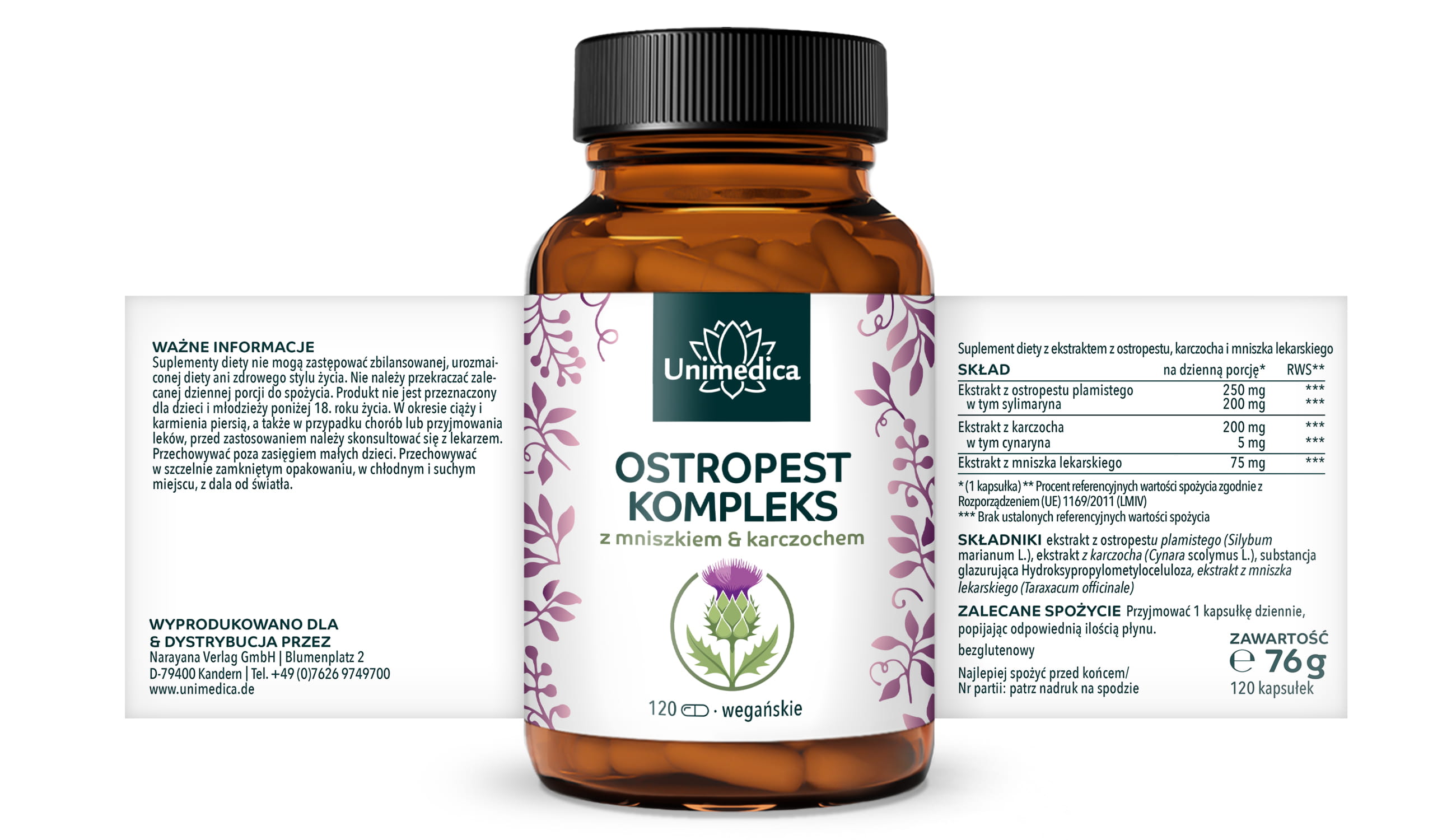 Ostropest plamisty - kompleks z karczochem i Löwenzahn - 120 kapsułek - od Unimedica