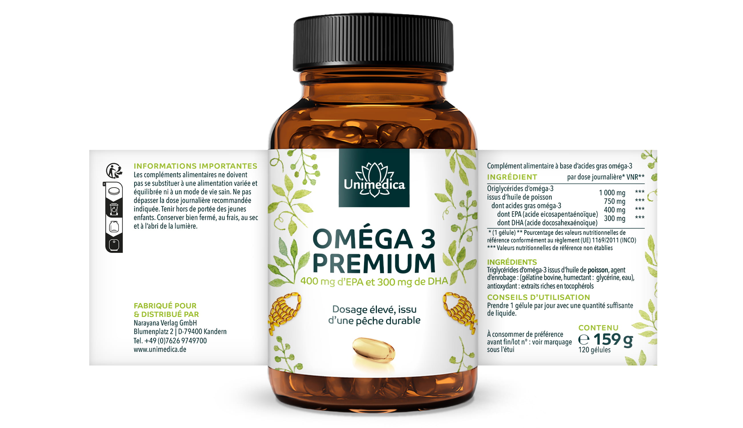 Oméga 3 - Huile de poisson premium avec 400 mg d'EPA et 300 mg de DHA - hautement dosée - issue de la pêche durable - 1.000 mg par dose journalière (1 gélule) - 120 gélules softgel - de Unimedica