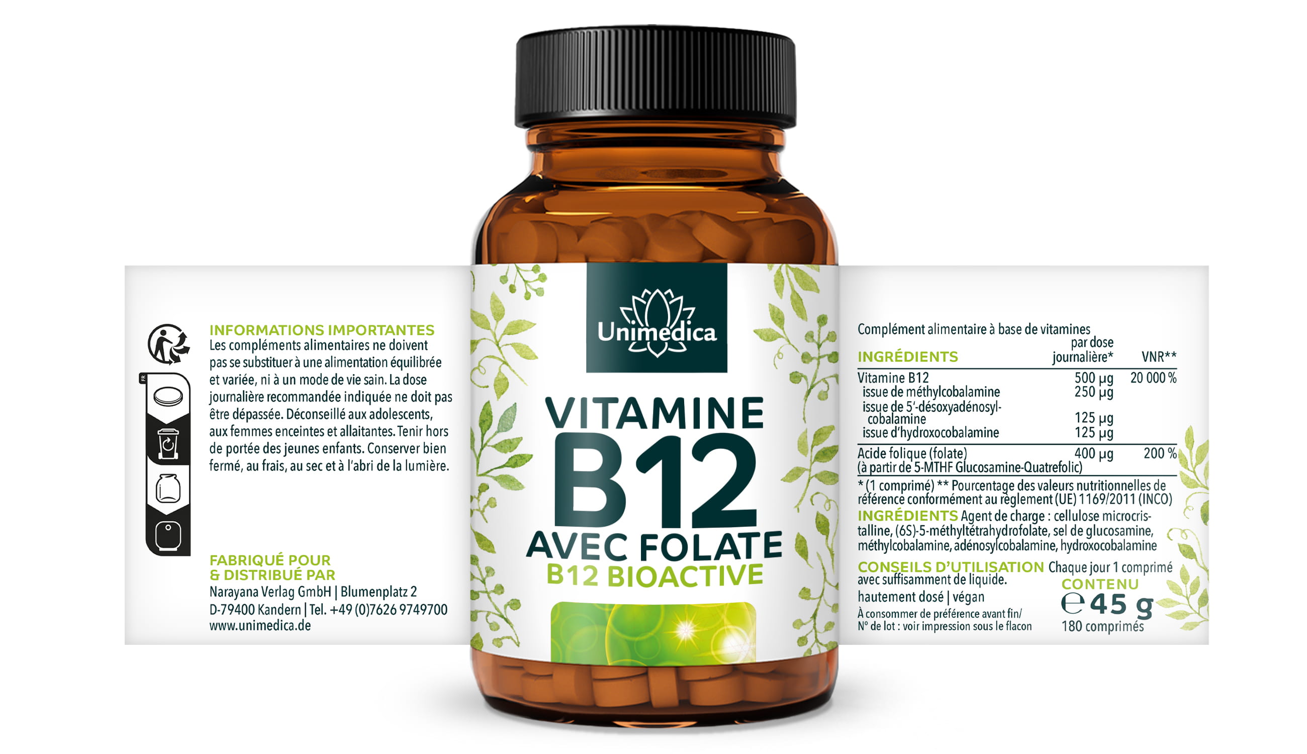 Vitamine B12 avec folate - 180 comprimés - par Unimedica