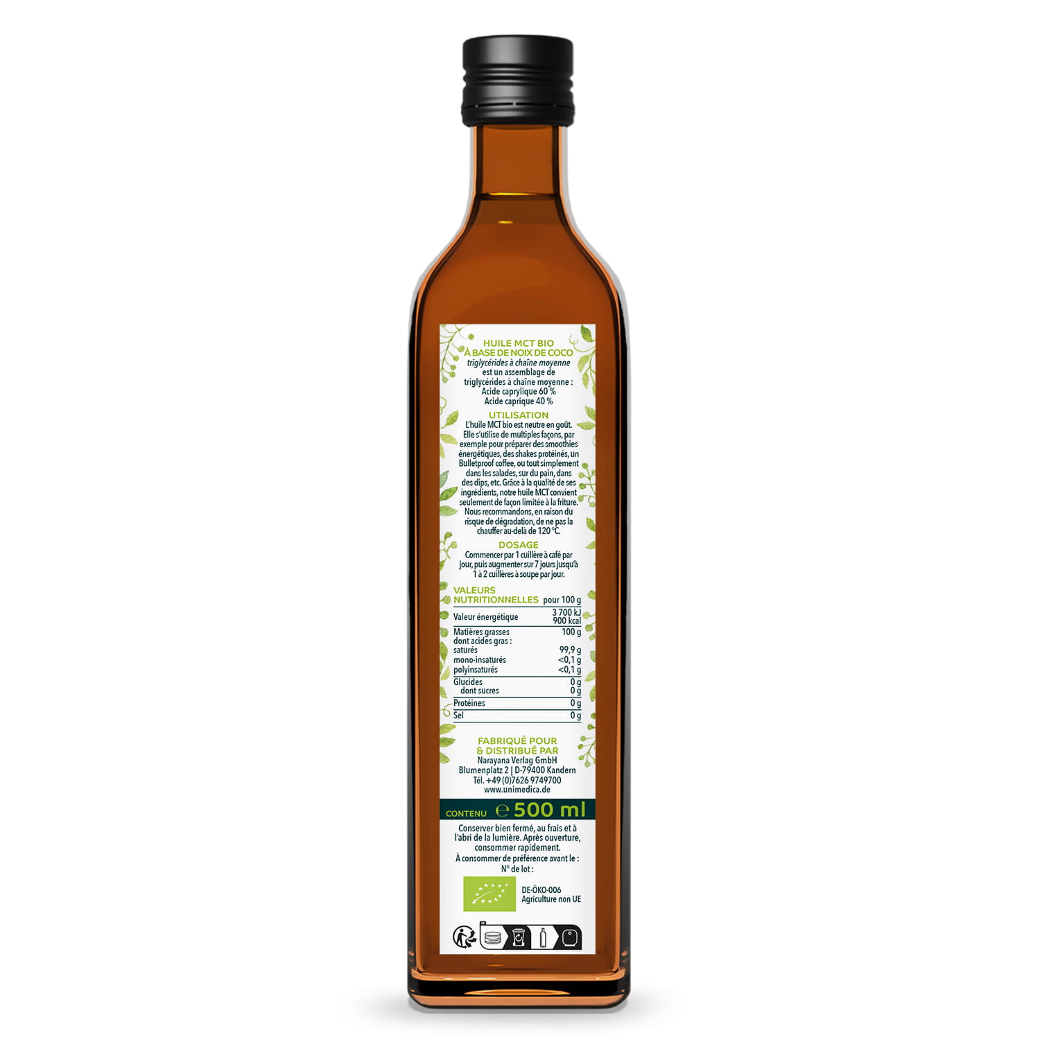 Huile MCT bio - C8 + C10 - 500 ml - d'Unimedica