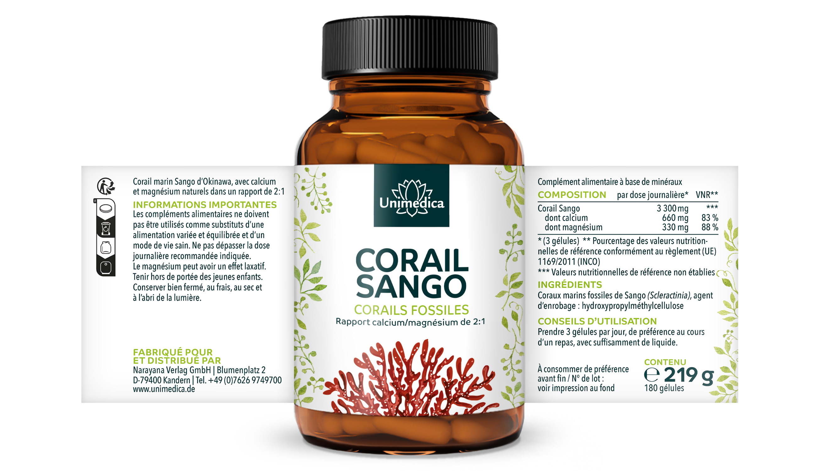 Sango Koralle - 90 % corail fossile - 180 gélules- Unimedica