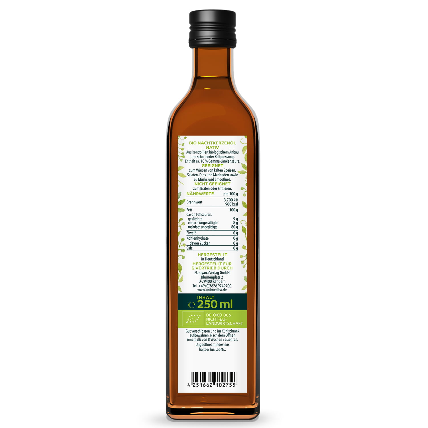 Bio Nachtkerzenöl nativ - naturrein - kaltgepresst - 250 ml - von Unimedica