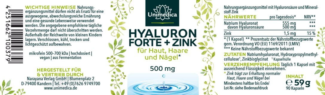 Hyaluron forte - mit Zink für Haut, Haare und Nägel* - 500 mg Hyaluron pro Tagesdosis (1 Kapsel) - hochdosiert - 90 Kapseln - von Unimedica