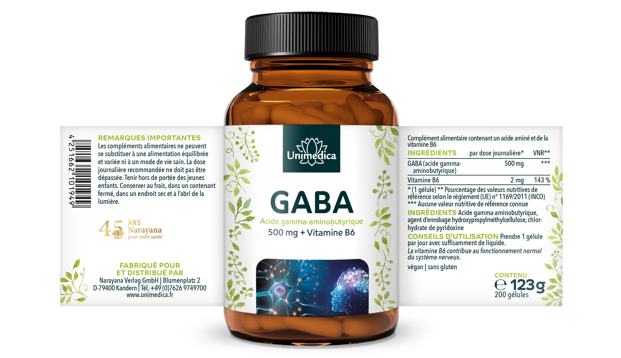 Lot de 2: GABA - 500 mg - 2 x 200 gélules - Unimedica