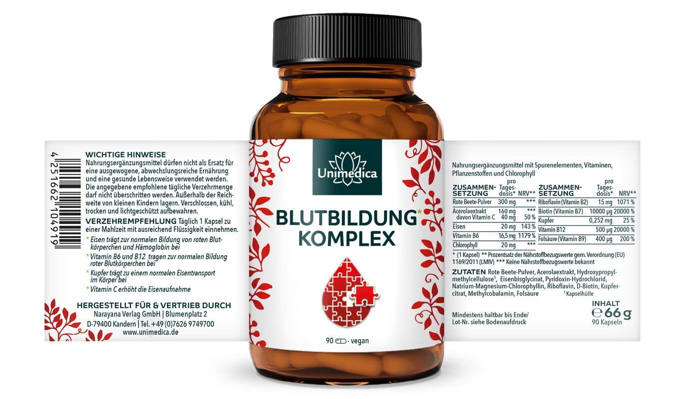 Blutbildung* Komplex - mit Eisen, Acerola, Chlorophyll, Kupfer und Vitaminen - 90 Kapseln - von Unimedica