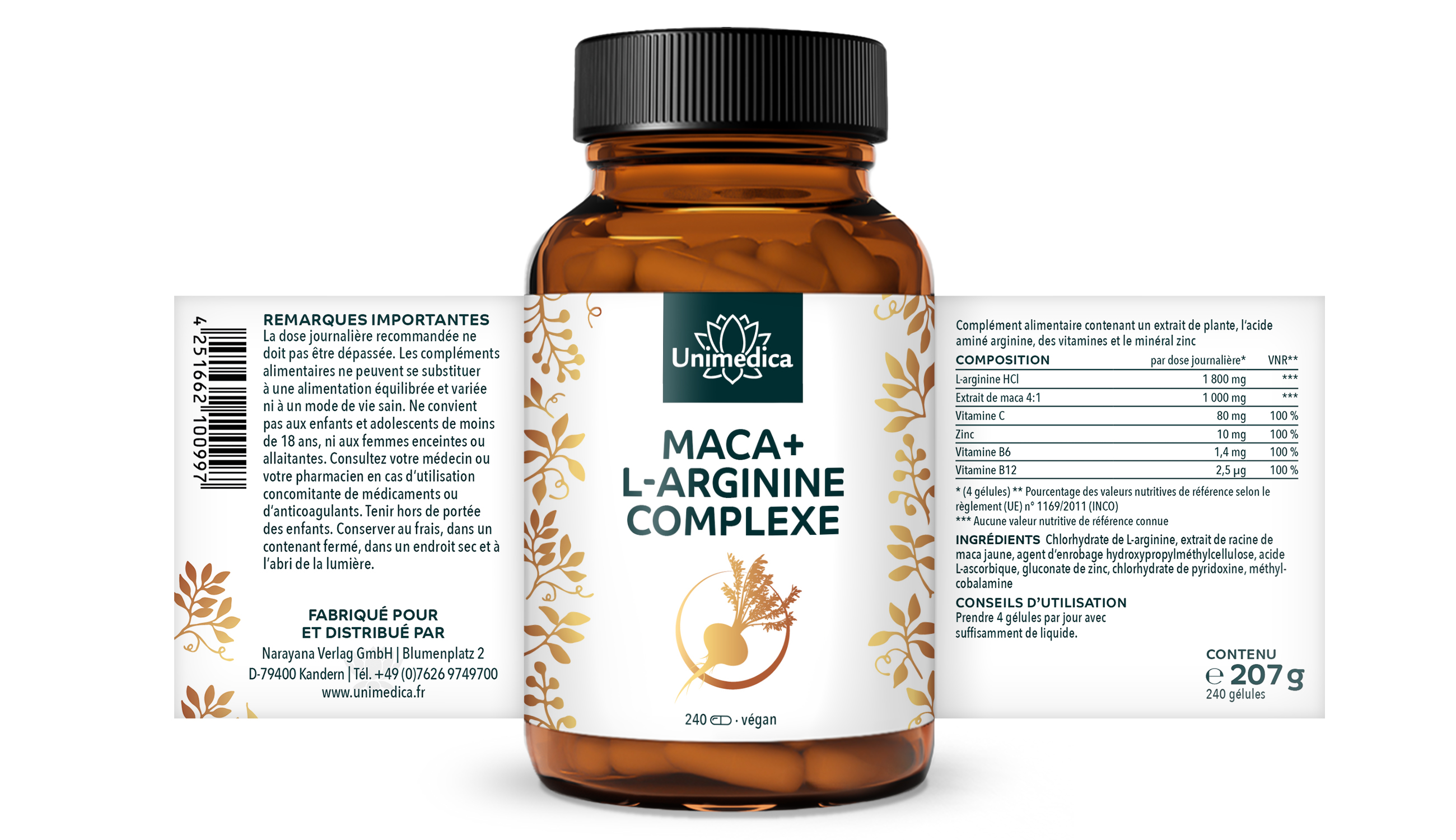 Complexe  Maca + L-arginine forte avec vitamines C, B6, B12 et zinc - dosage élevé - 240 gélules - Unimedica