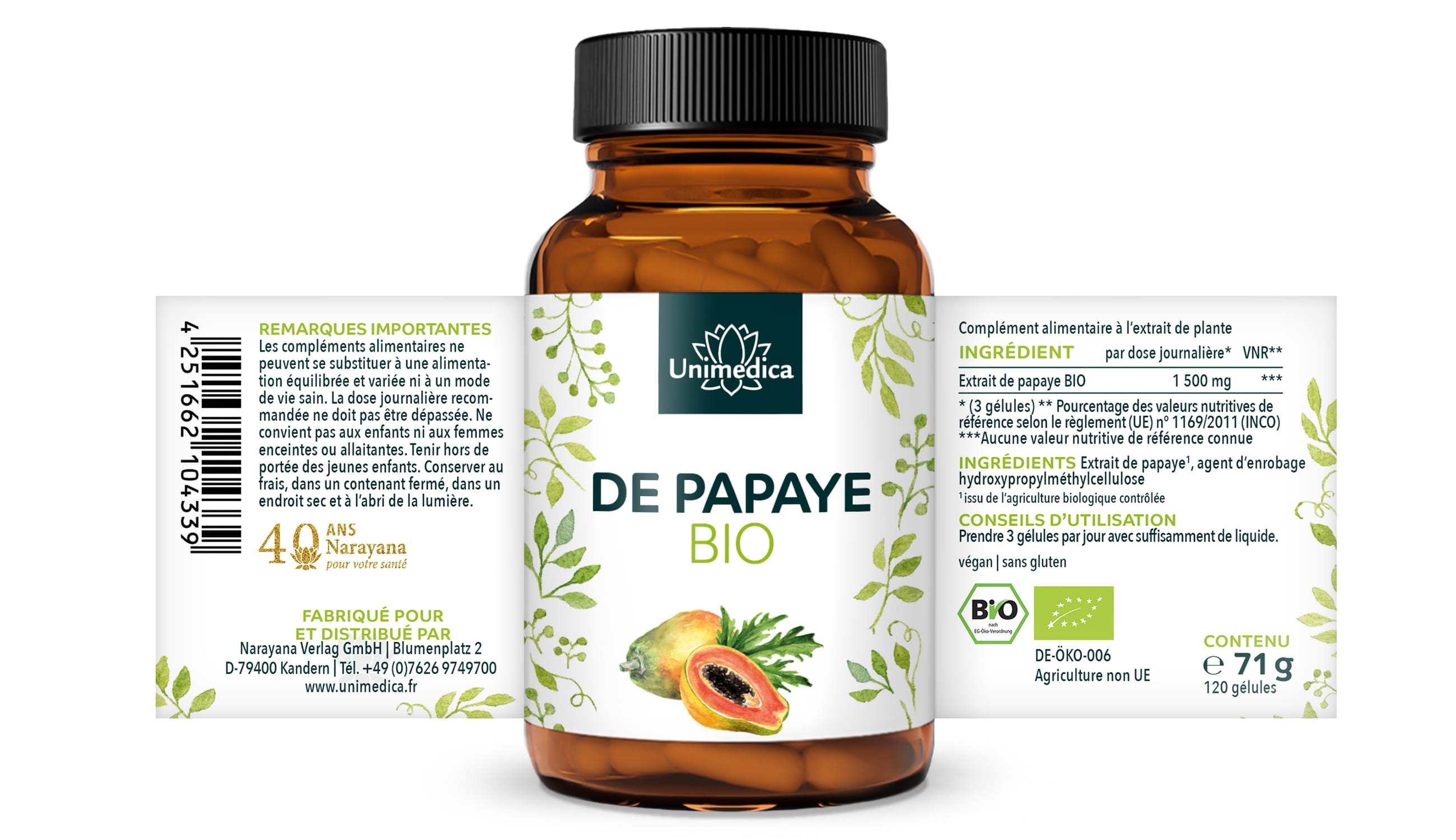 Extrait de papaye BIO  1 500 mg par dose journalière - 120 gélules - par Unimedica