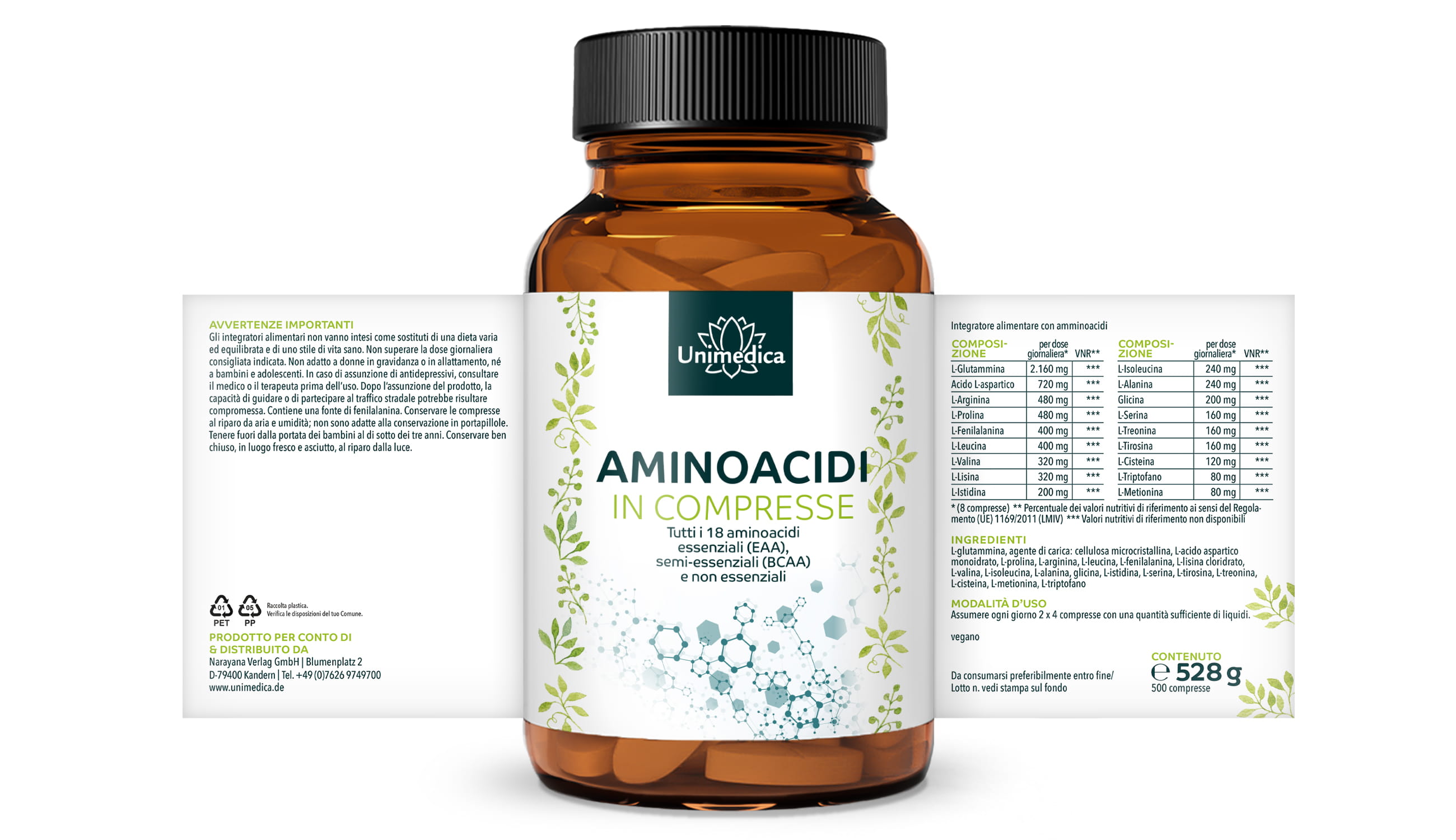 Amino compresse - 500 compresse da 1.000 mg - tutti i 18 aminoacidi essenziali (EAA), semi-essenziali (BCAA) e non essenziali - di Unimedica