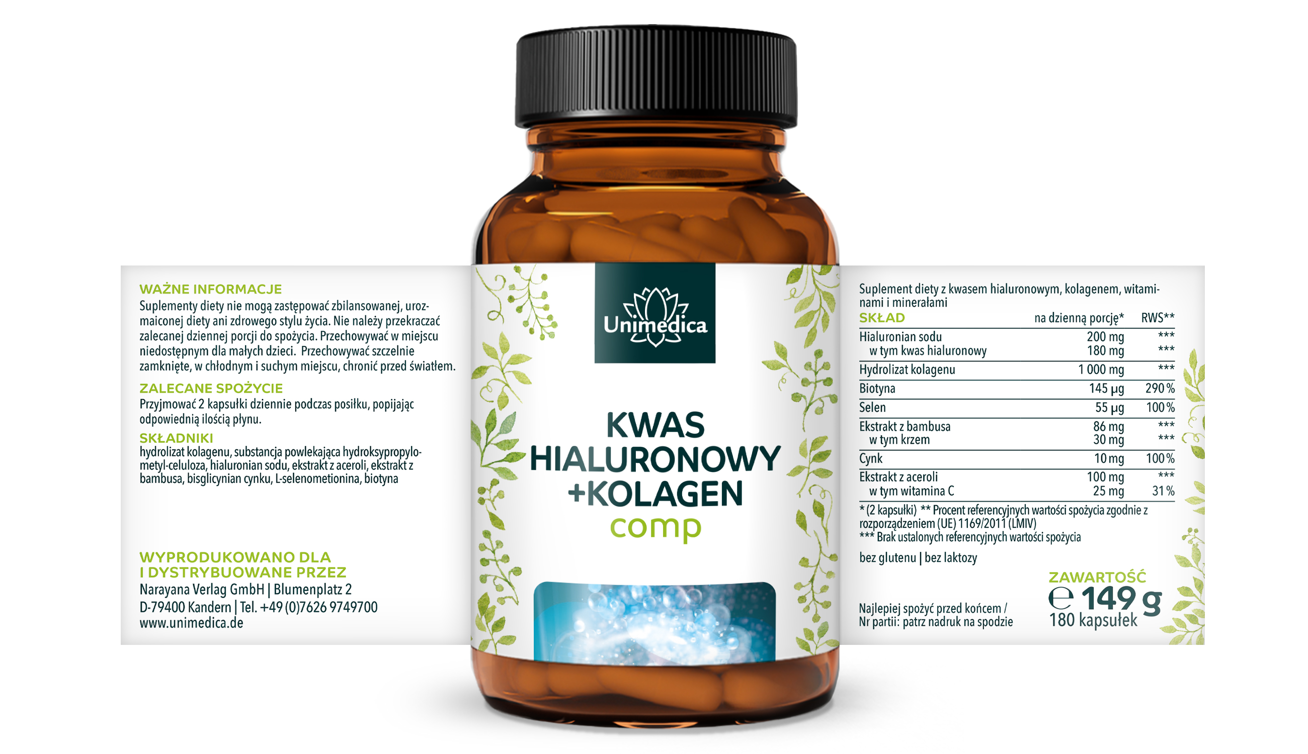 Hialuron + kolagen kompleks - z krzemem z bambusa, witaminami i minerałami - 180 kapsułek - Unimedica
