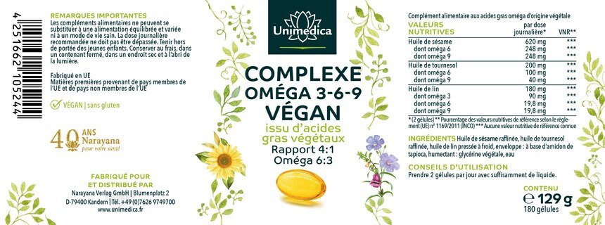 Lot de 2: Complexe végan Oméga 3-6-9 - composé d'acides gras oméga d'origine végétale - 2 x 180 gélules softgel - végan - par Unimedica