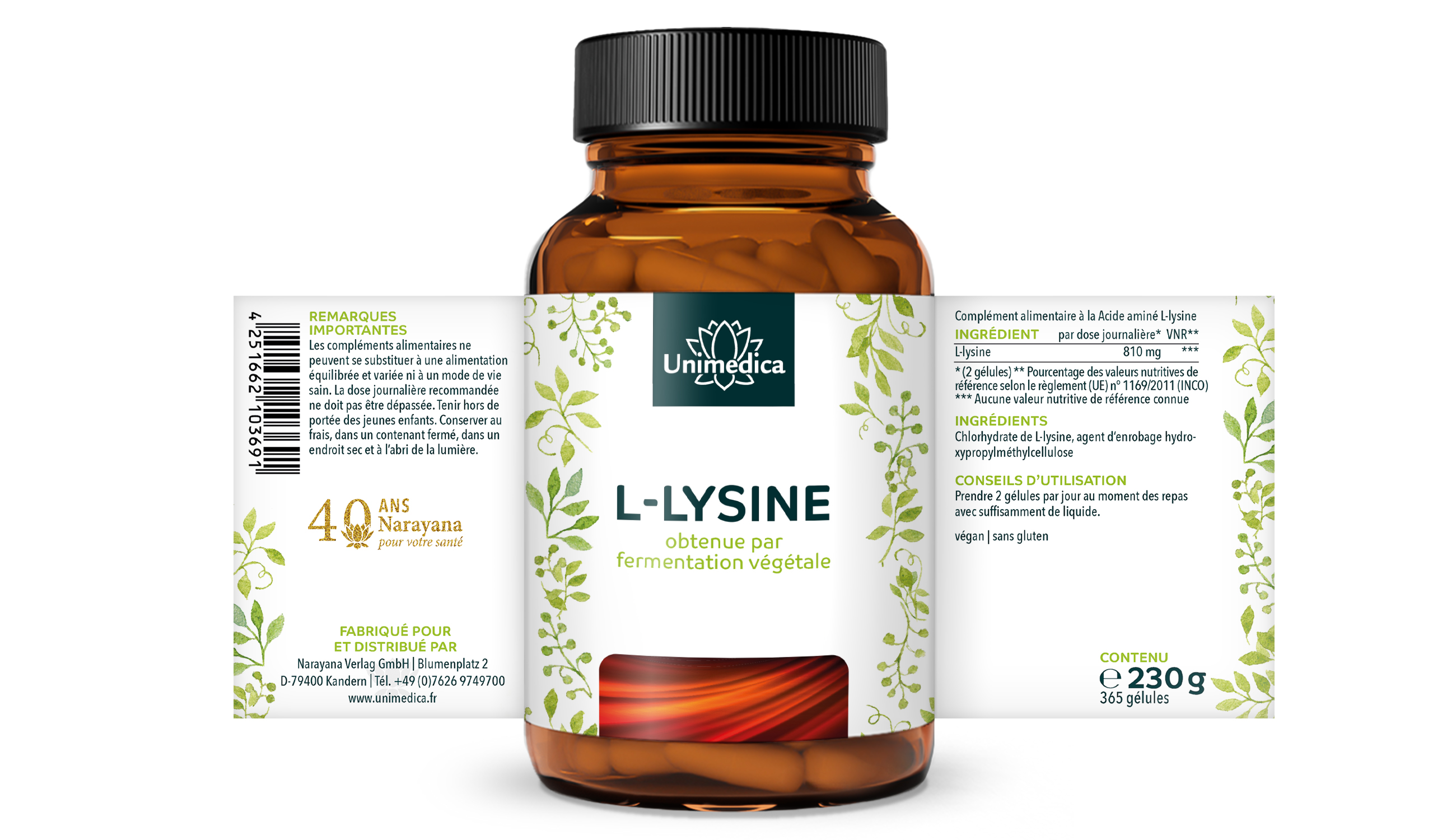 L-lysine - 810 mg de L-lysine par dose quotidienne (2 gélules) - 365 gélules - par Unimedica