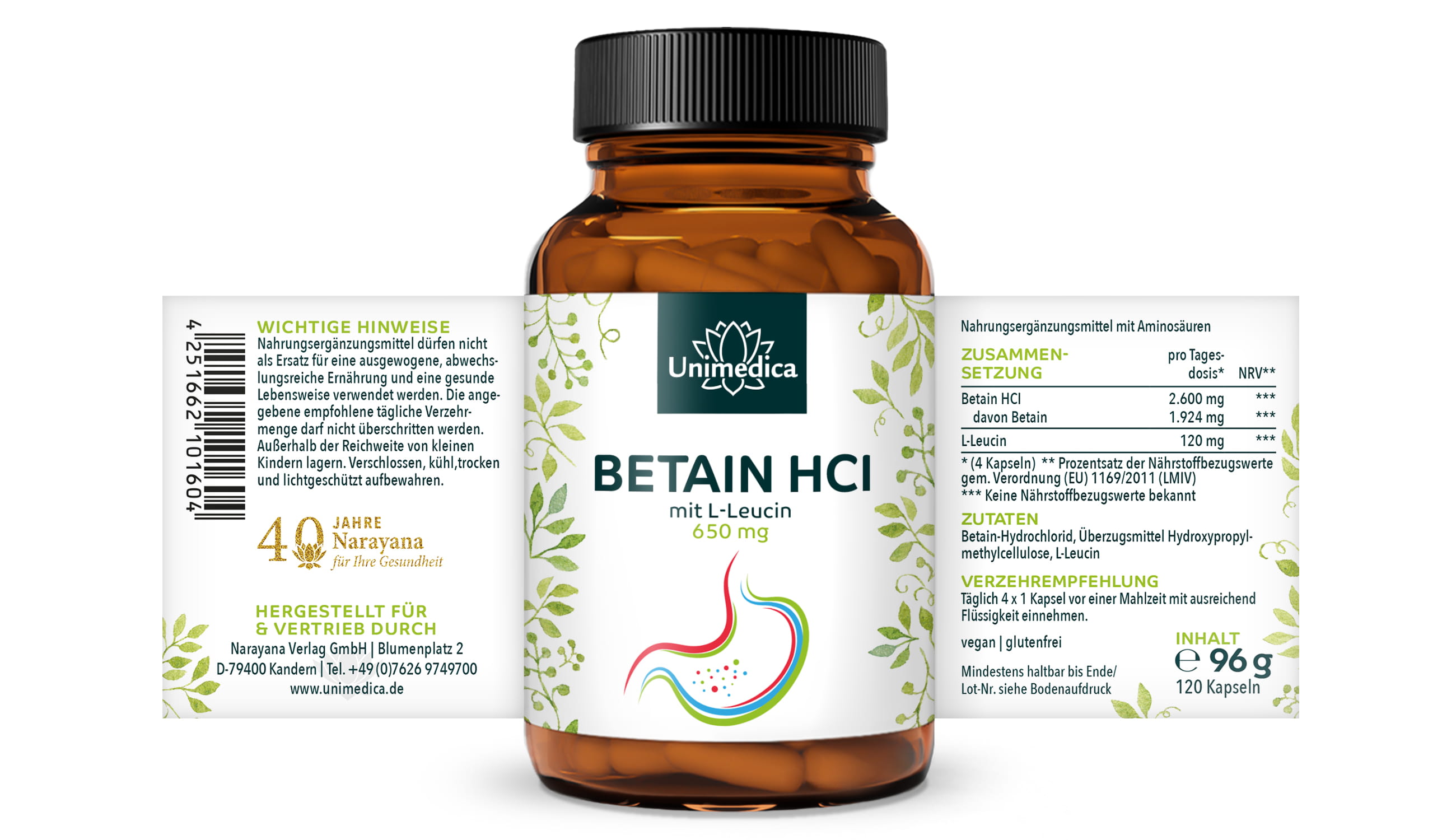 Betain HCl mit L-Leucin - 2.600 mg pro Tagesdosis (4 Kapseln) - 120 Kapseln - von Unimedica