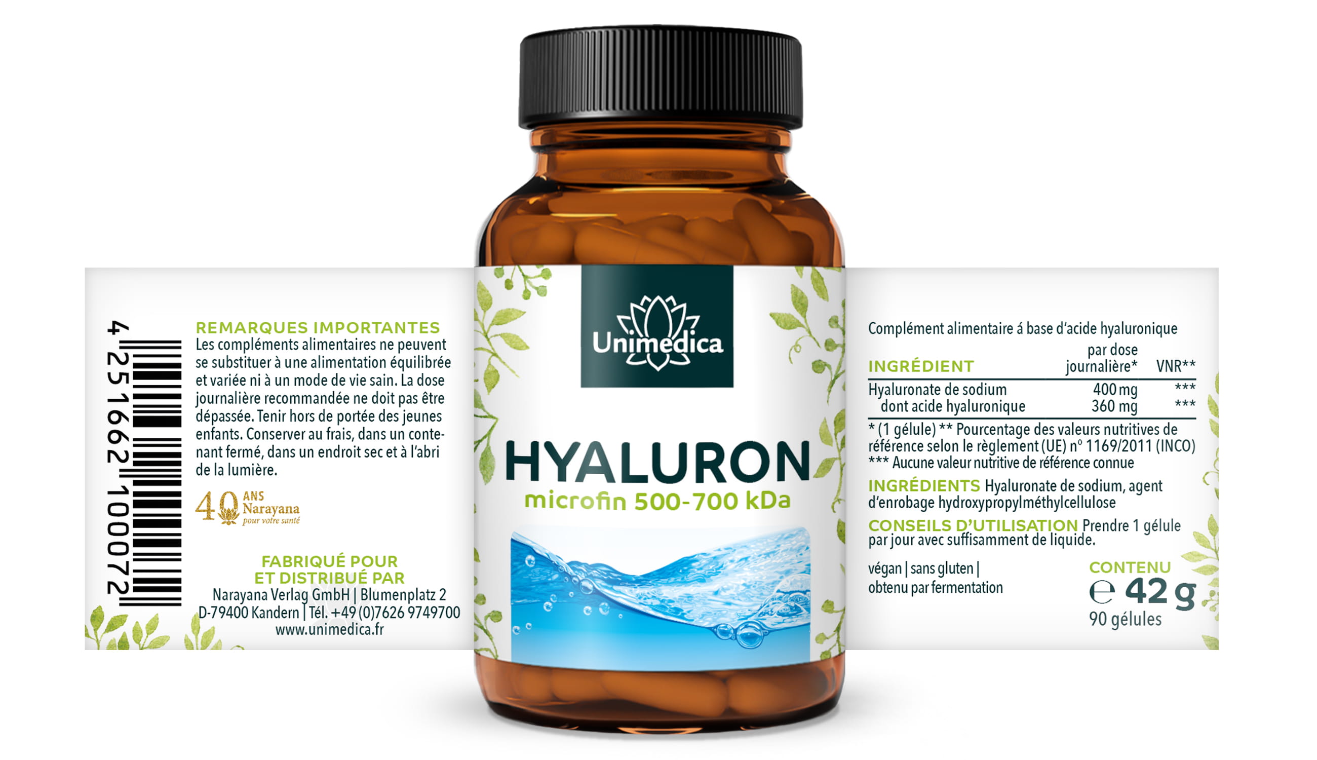 Hyaluron - Gélules d'acide hyaluronique microfin de 500 à 700 kDa  hautement dosé - Unimedica - 90 gélules