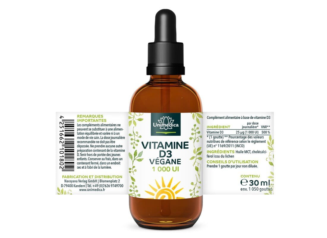 Vitamine D3 vegan issue du lichen  1 000 U.I./25 µg par dose journalière - 30 ml - Unimedica