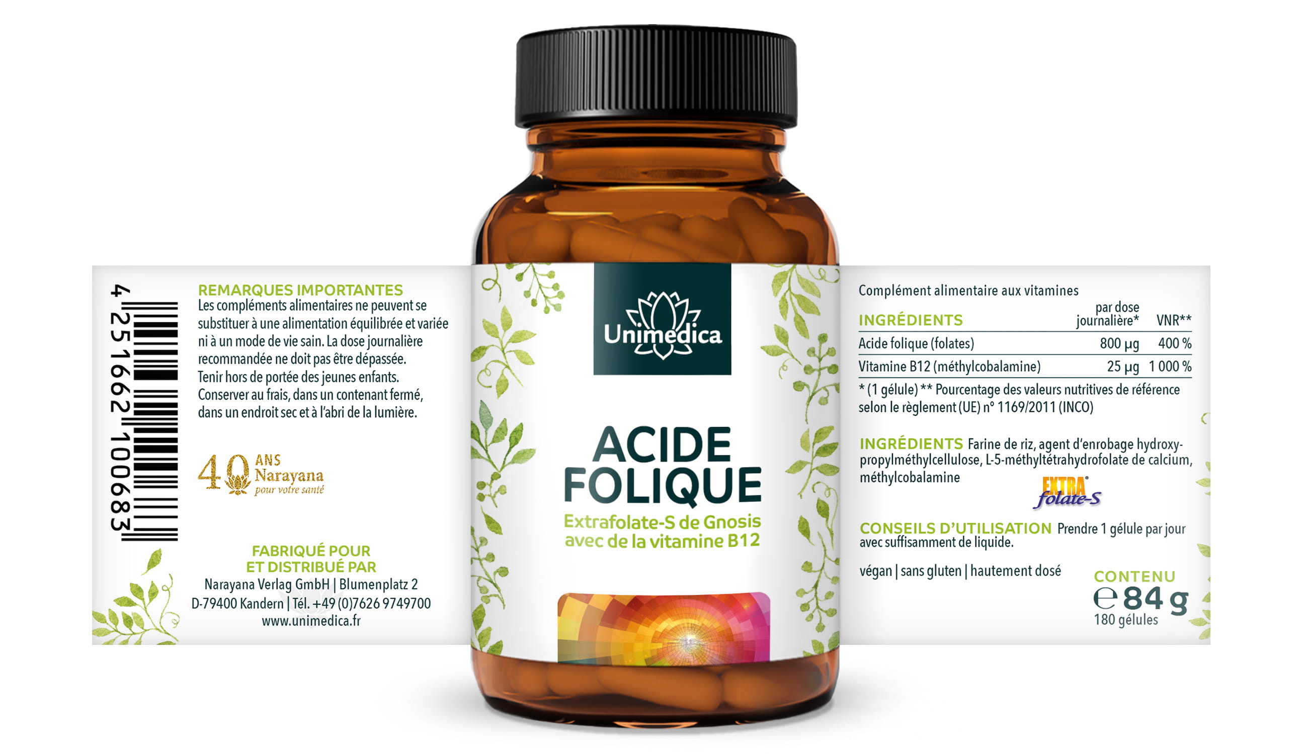 Acide folique avec Extrafolate-S de Gnosis et vitamine B12 - 800 µg d'acide folique et 25 µg de vitamine B12  - 180 gélules - par Unimedica