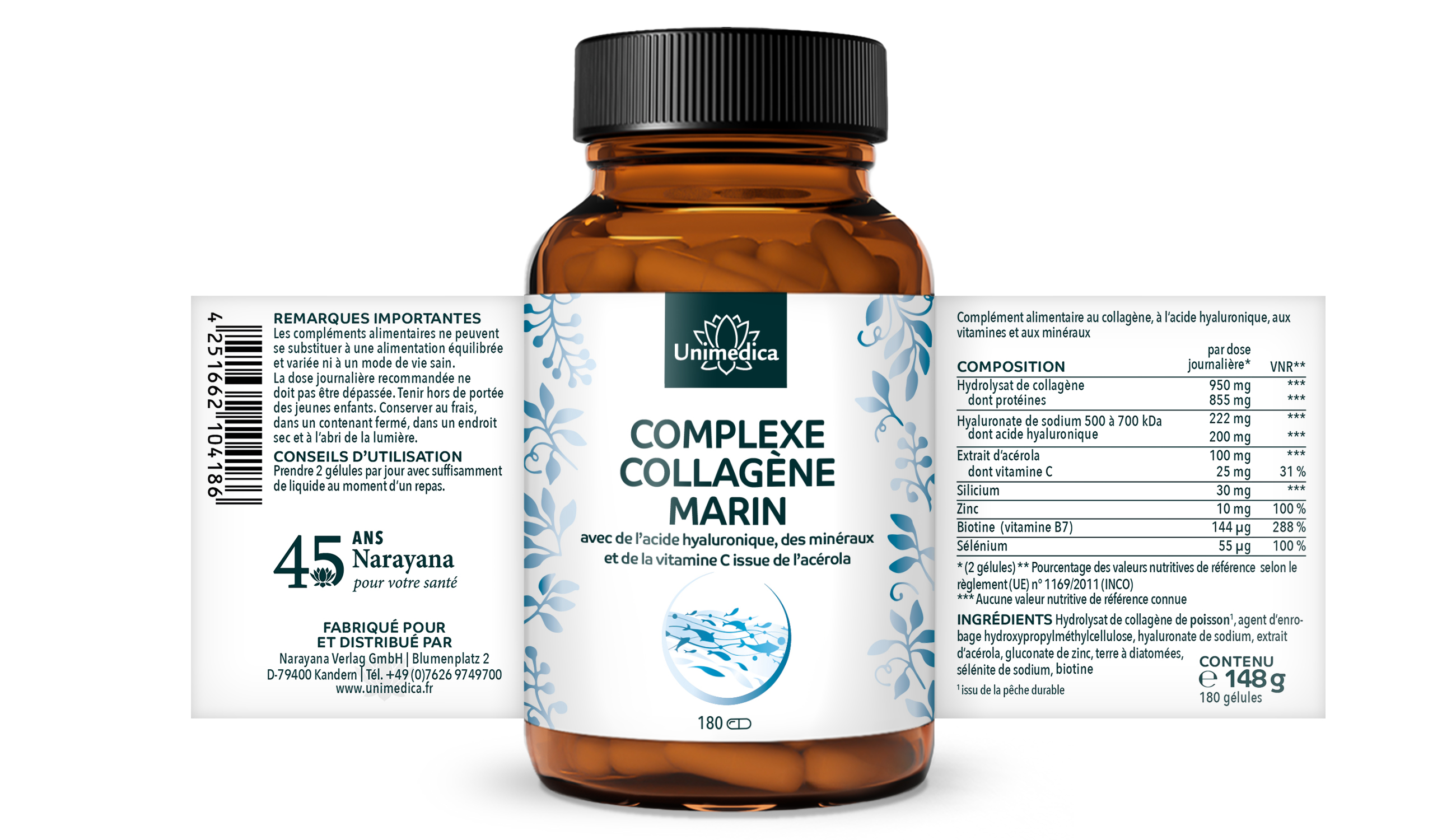 Lot de 2: Complexe collagène marin - avec hyalron, vitamines et minéraux - 2 x 180 gélules - par Unimedica