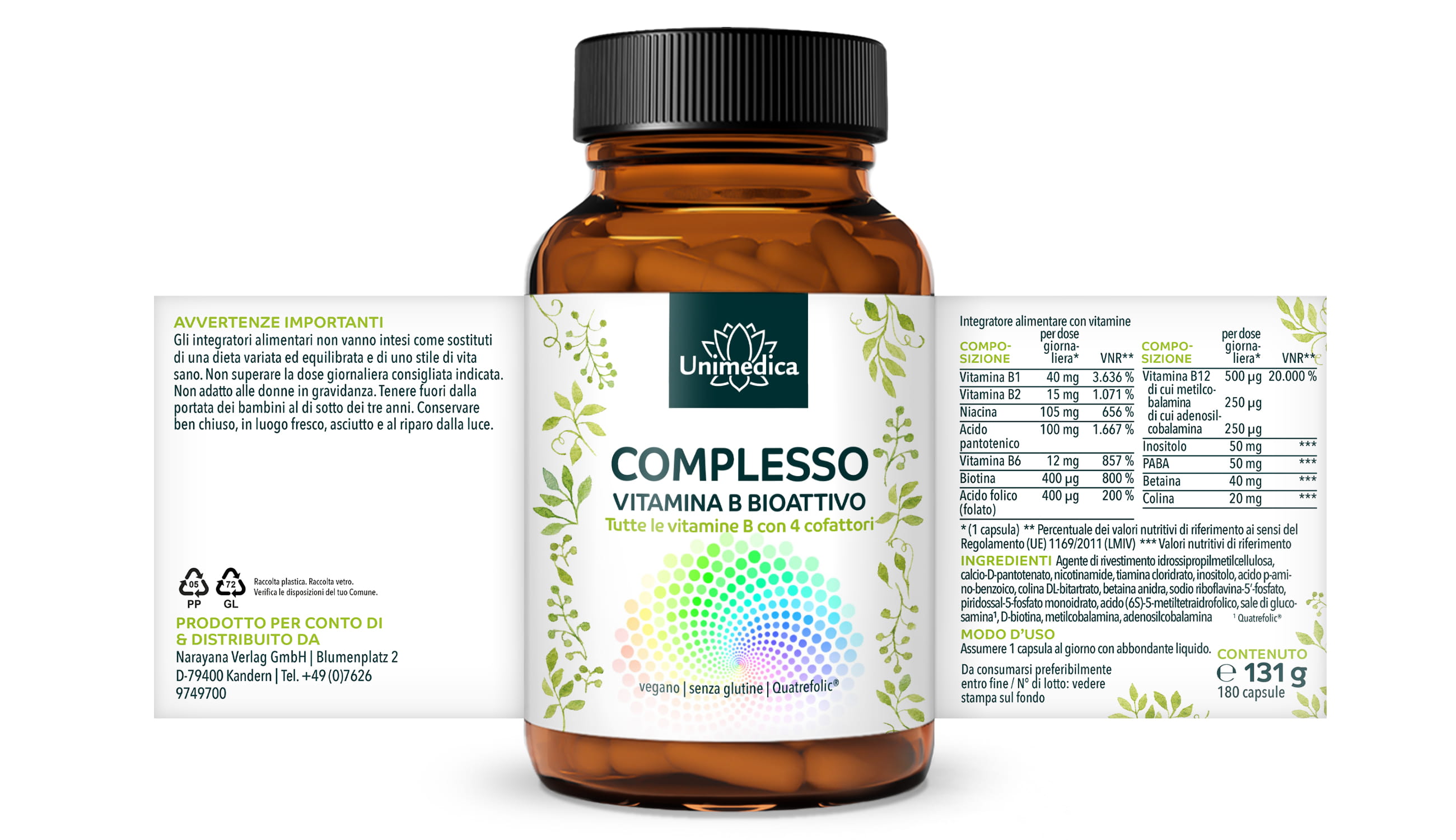 Complesso di vitamine B - bioattivo - con 4 cofattori - ad alto dosaggio - 180 capsule - di Unimedica
