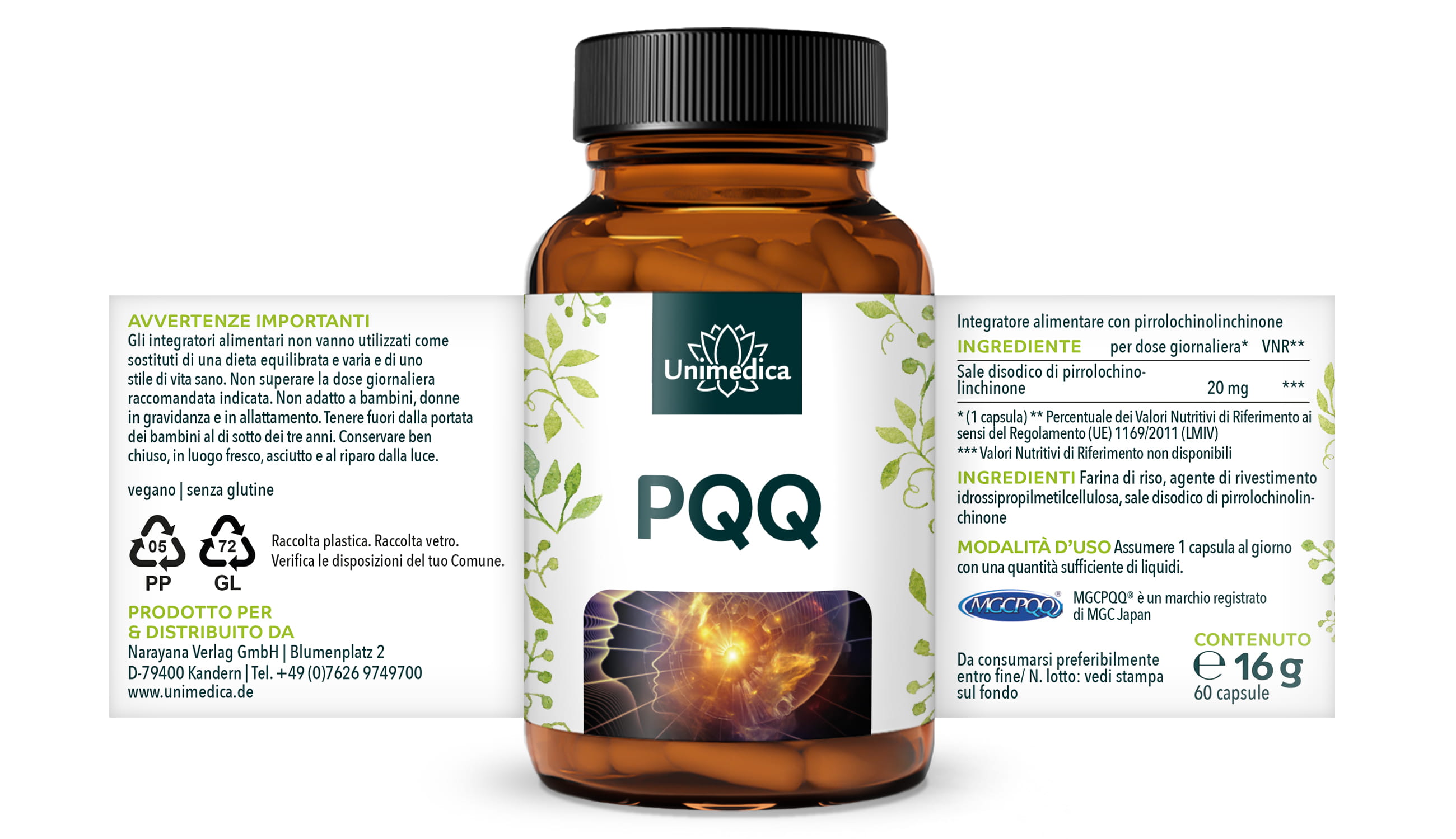PQQ (MGCPQQ) pirrolochinolina chinone - 20 mg per dose giornaliera (1 capsula) - 60 capsule - di Unimedica