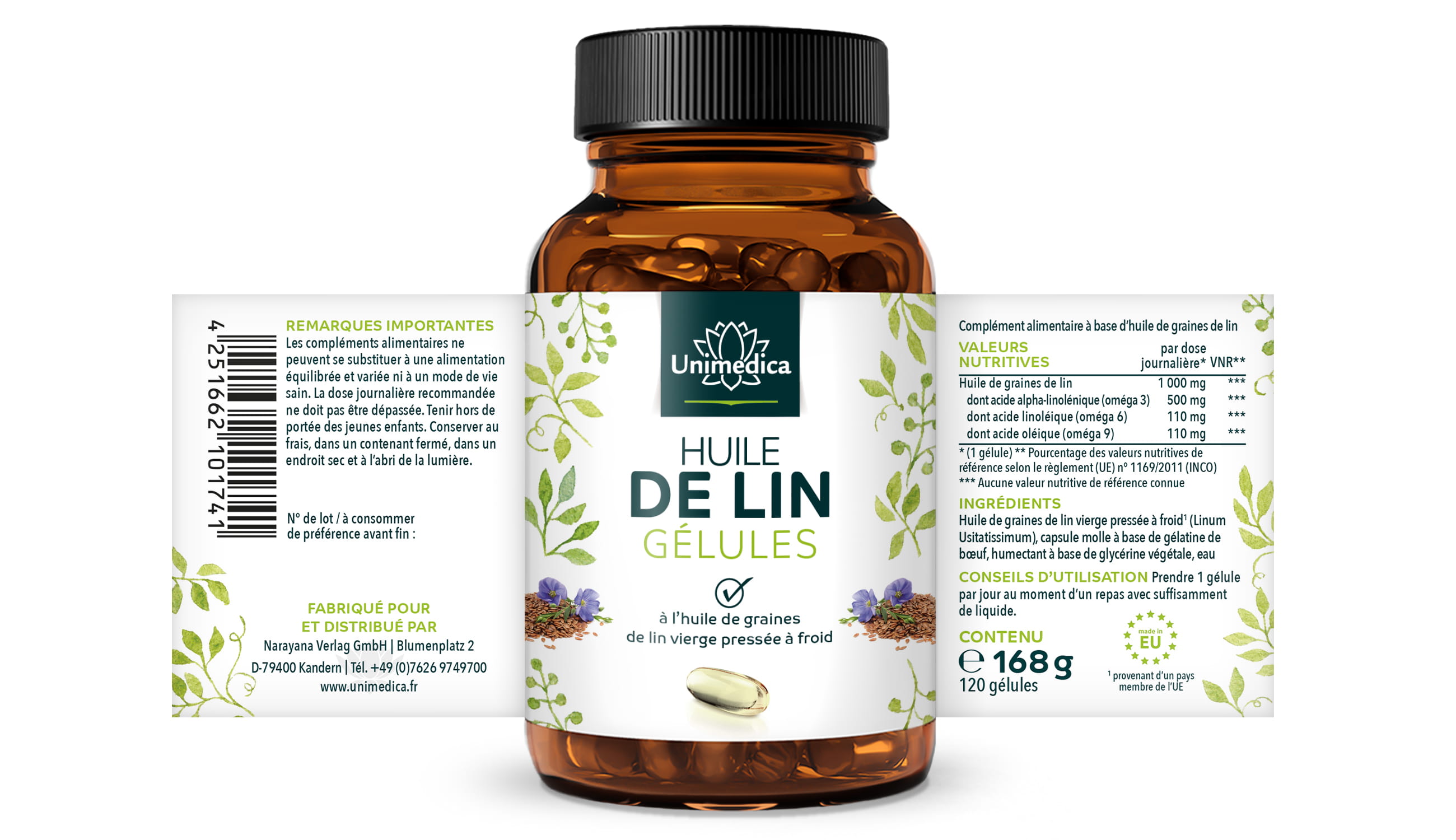 Huile de lin aux acides gras oméga végétaux 3-6-9  1 000 mg - 120 capsules molles - Unimedica
