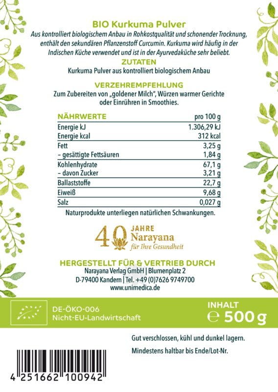 Bio Kurkuma Pulver - 500 g - von Unimedica