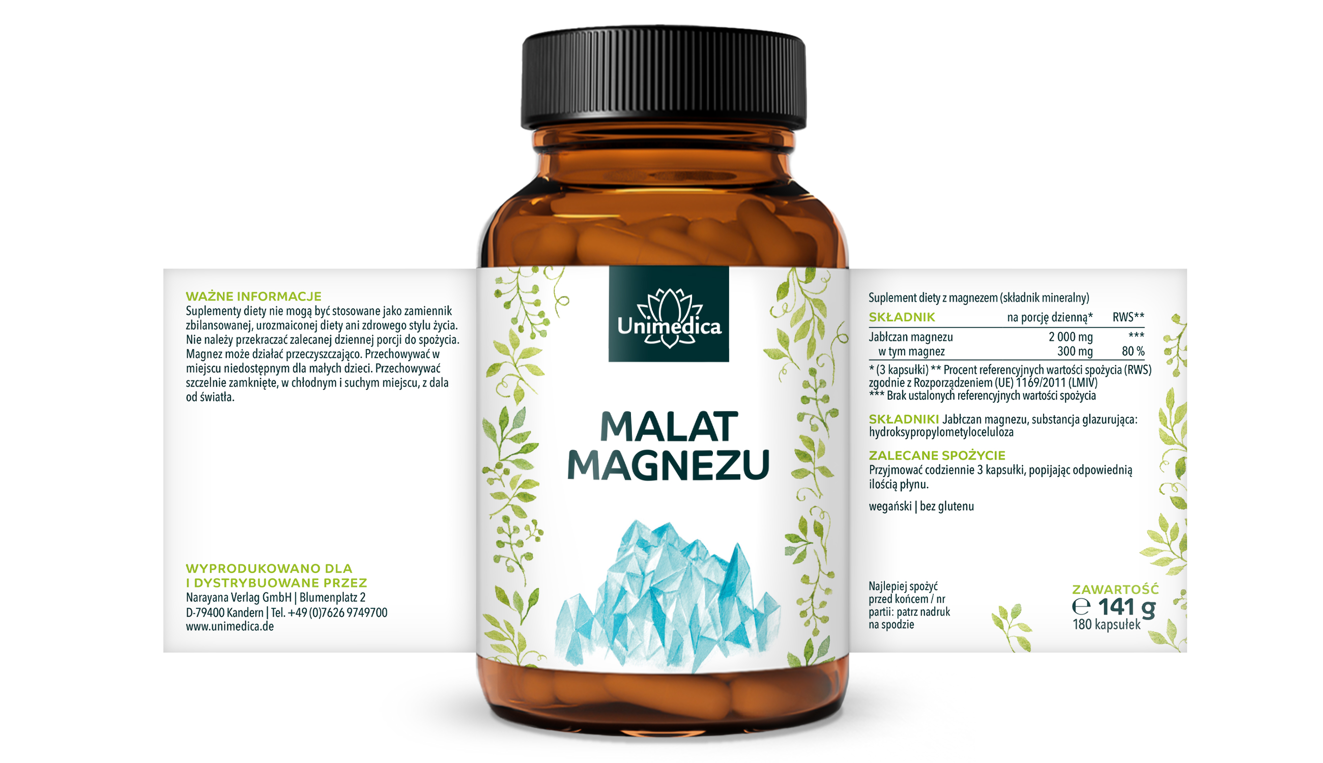 Jabłczan magnezu - 300 mg magnezu na dawkę dzienną (3 kapsułki) - 180 kapsułek - od Unimedica