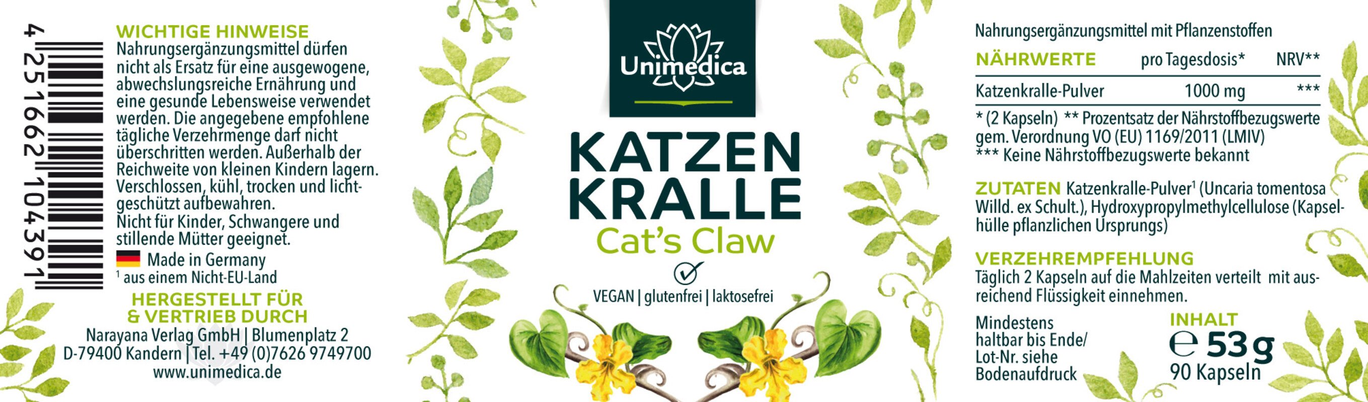 Lot de 2: Griffe de chat - Cat´s Claw  1 000 mg par dose journalière - 2 x 90 gélules - par Unimedica