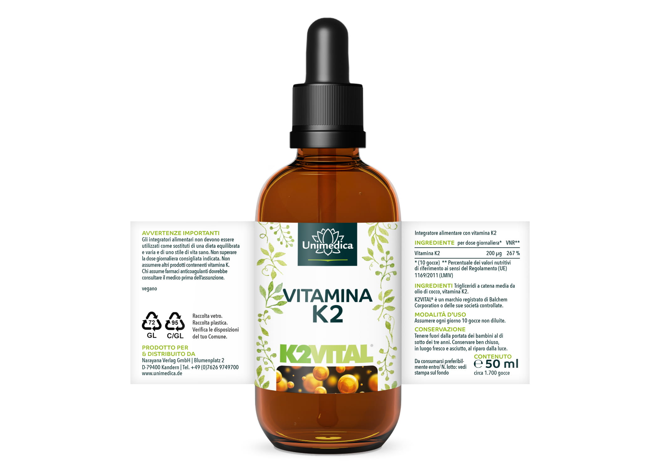 Gocce di vitamina K2 - K2Vital - 200 µg per dose giornaliera (10 gocce) - MK7 All-trans - dalla Norvegia - ad alta concentrazione - 50 ml - di Unimedica