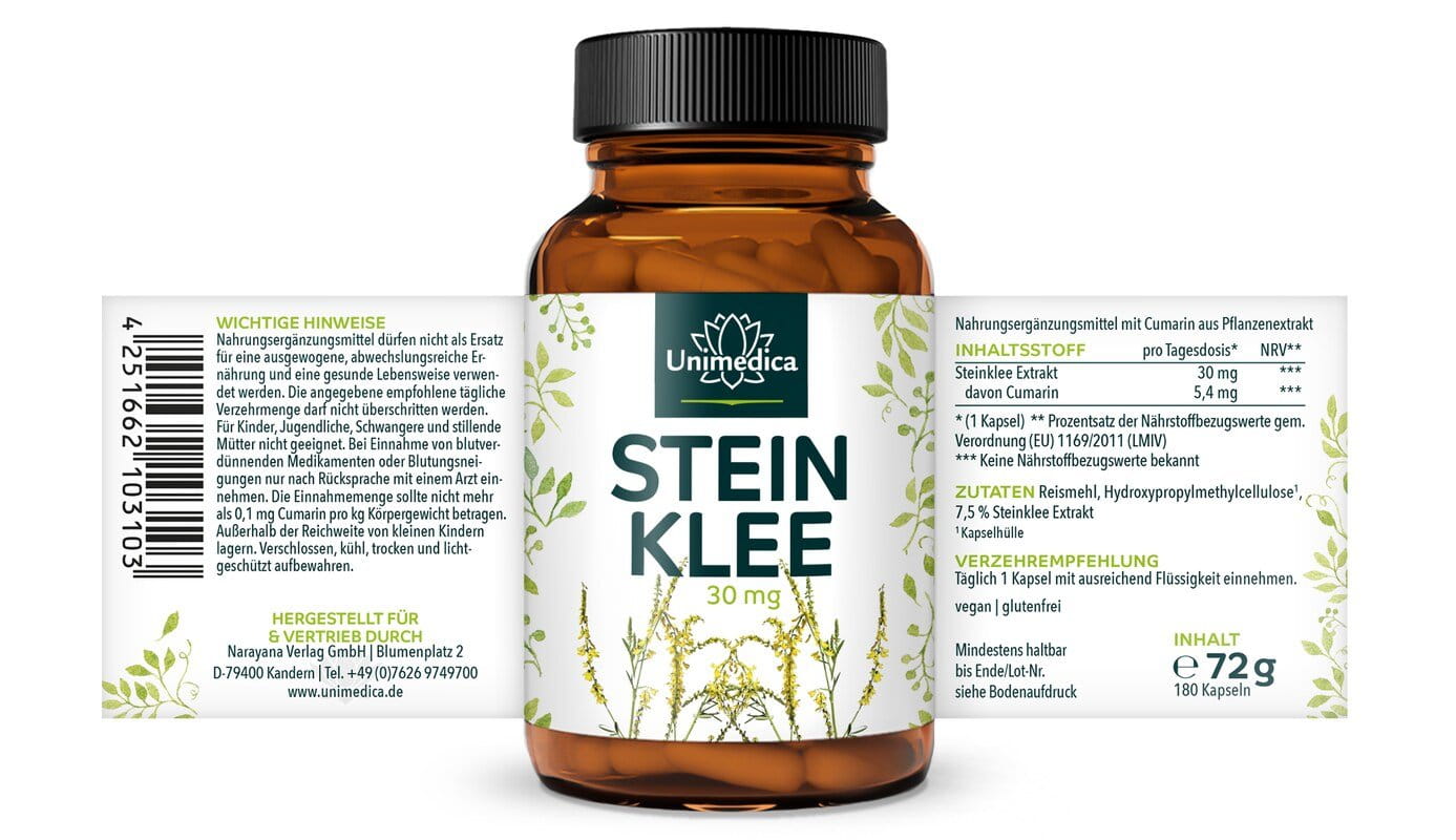 Steinklee Extrakt - 30 mg Tagesdosis (1 Kapsel) - mit 18 % Cumarin - 180 Kapseln - von Unimedica