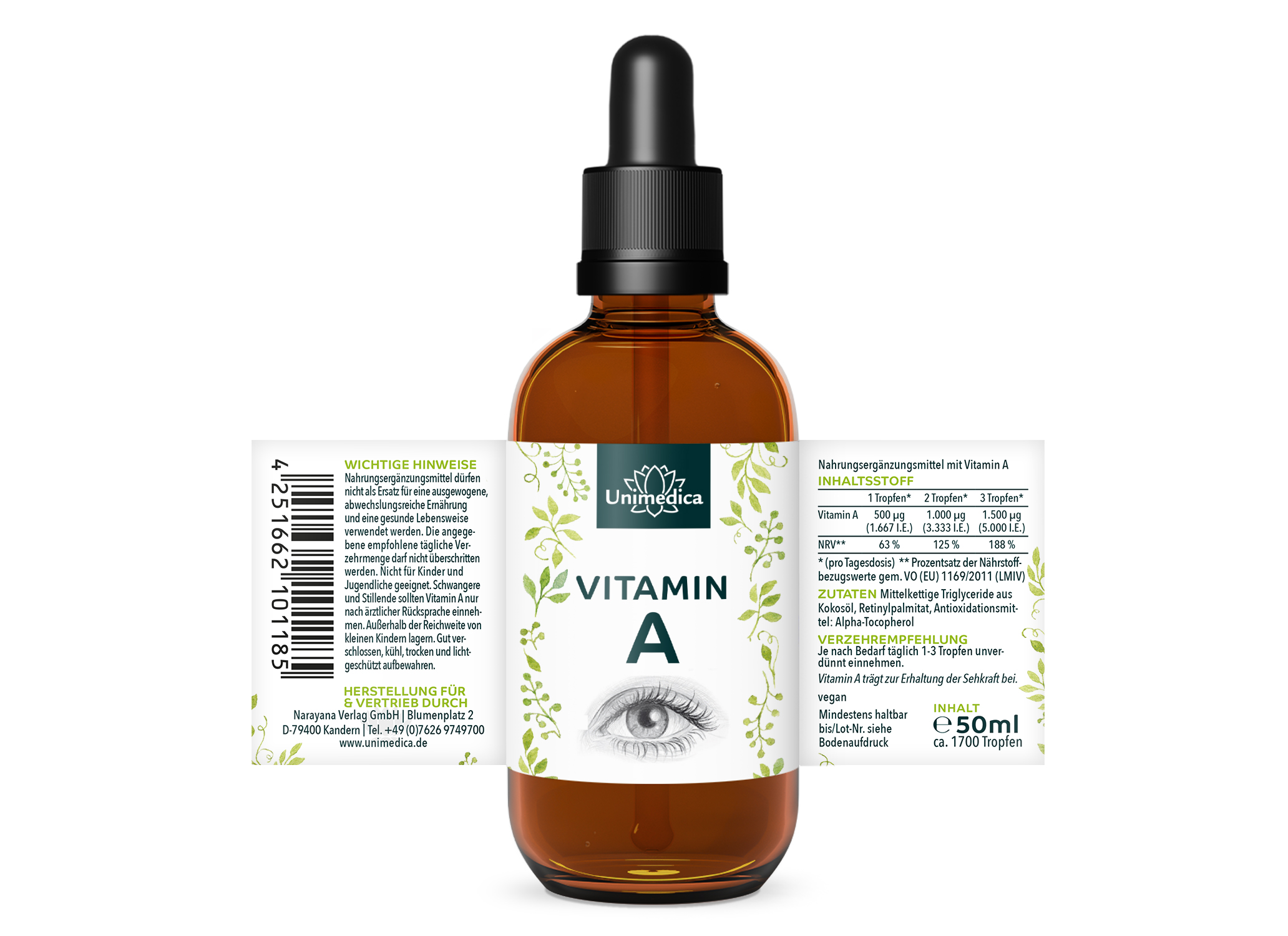 Sparset: Vitamin A Tropfen - 1.500 µg / 5.000 I.E pro Tagesdosis - hochdosiert - 50 ml UND - Vitamin D3/K2 5000 I.E. - 125 µg D3 und 100 µg K2 - 180 Tabletten - von Unimedica