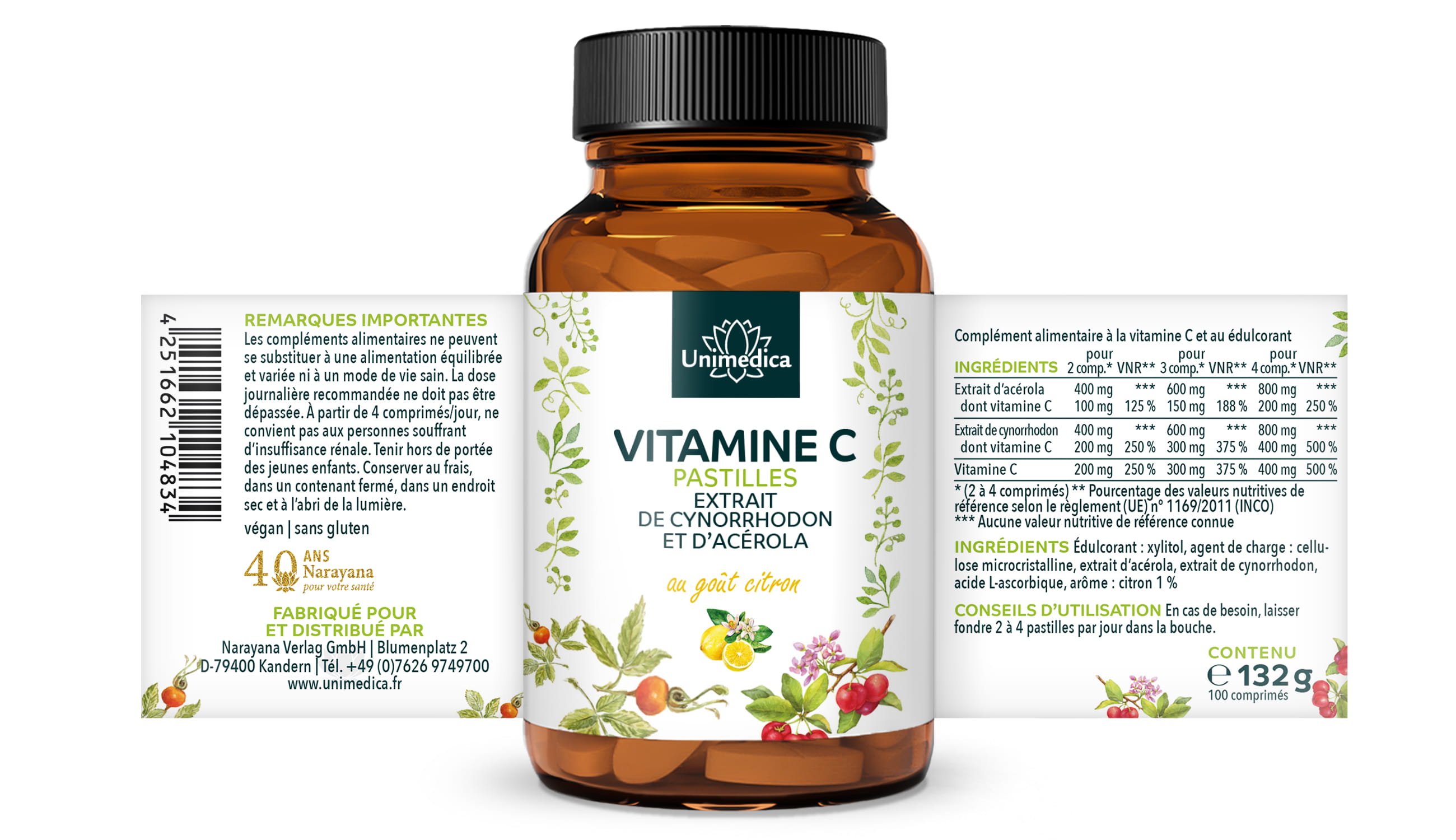 Pastilles à la vitamine C  250 mg par pastille - citron - 100 pastilles - par Unimedica