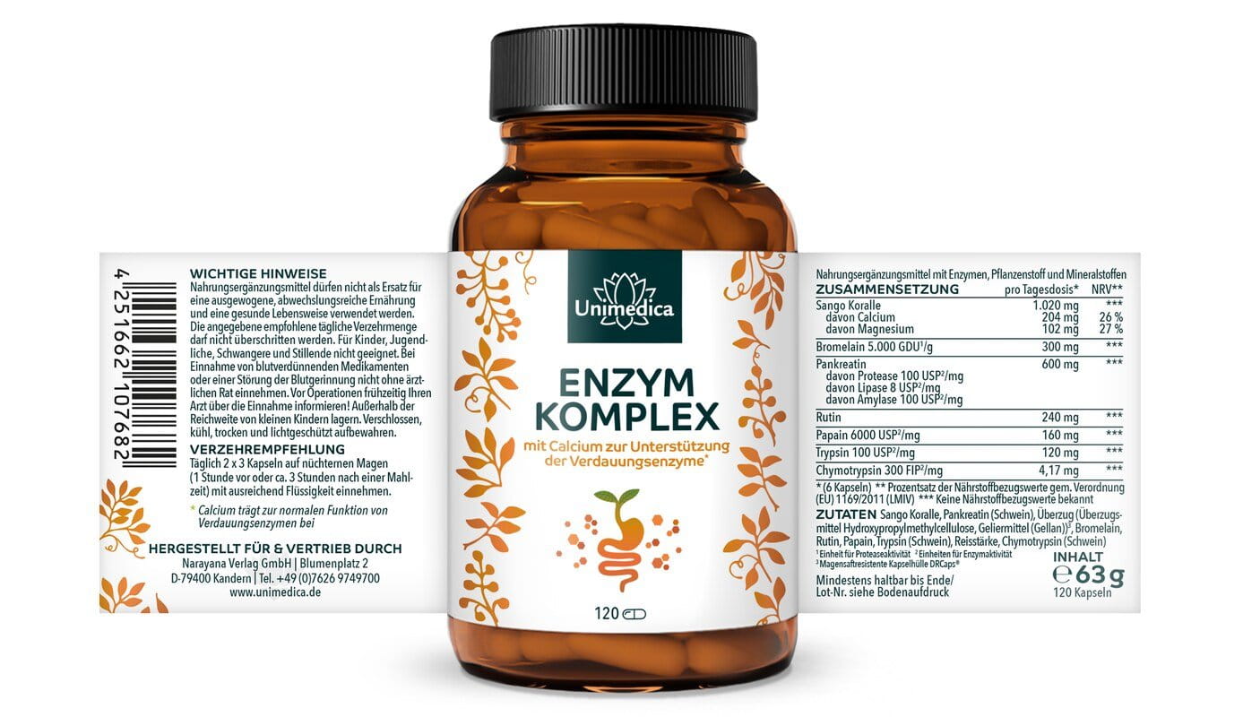 Enzym-Komplex - mit Calcium - 120 Kapseln - von Unimedica
