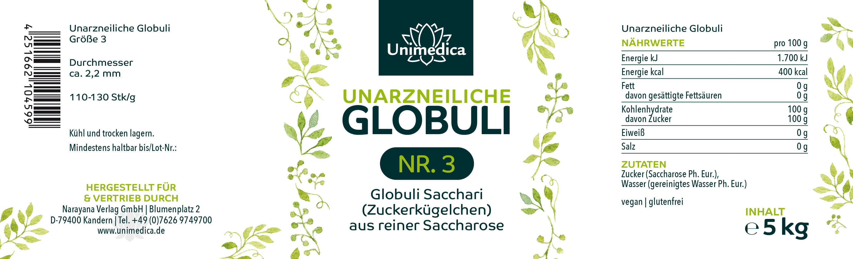 Unarzneiliche Globuli Nr.3 - Globuli Sacchari (Zuckerkügelchen) aus reiner Saccharose - 5 kg - von Unimedica