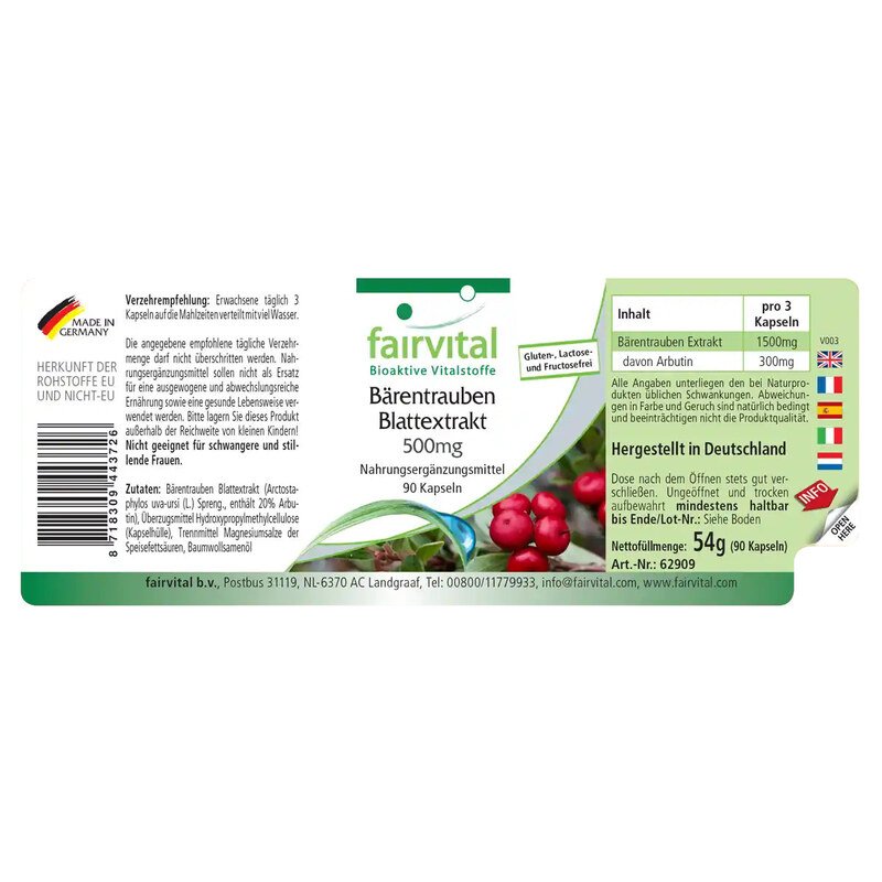 Bärentrauben Blattextrakt 500 mg - Fairvital - 90 Kapseln