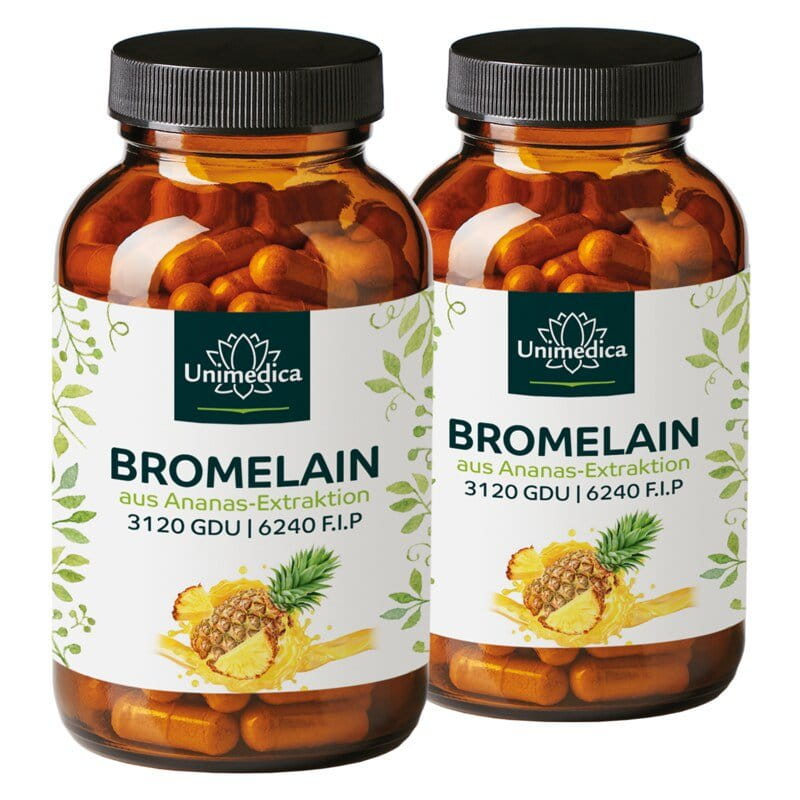 2er-Sparset: Bromelain - 1040 mg und 3.120 GDU | 6.240 F.I.P. pro Tagesdosis (2 Kapseln) - mit magensaftresistenten DR® Caps - 2 x 120 Kapseln - von Unimedica