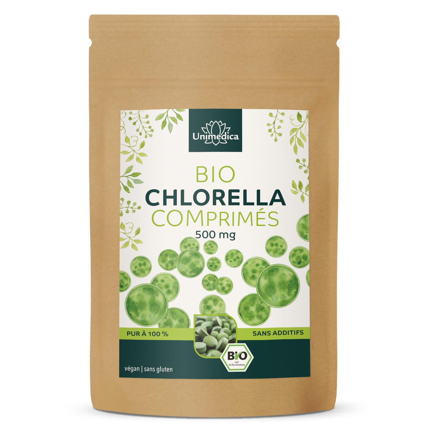 Chlorella BIO - 500 comprimés contenant chacun 500 mg de poudre de chlorella pure - testée en laboratoire et naturelle - par Unimedica