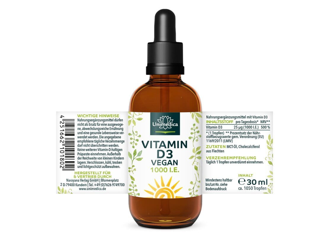Veganes Vitamin D3 - aus Flechten - 1.000 I.E./25 µg pro Tagesdosis - 30 ml - von Unimedica