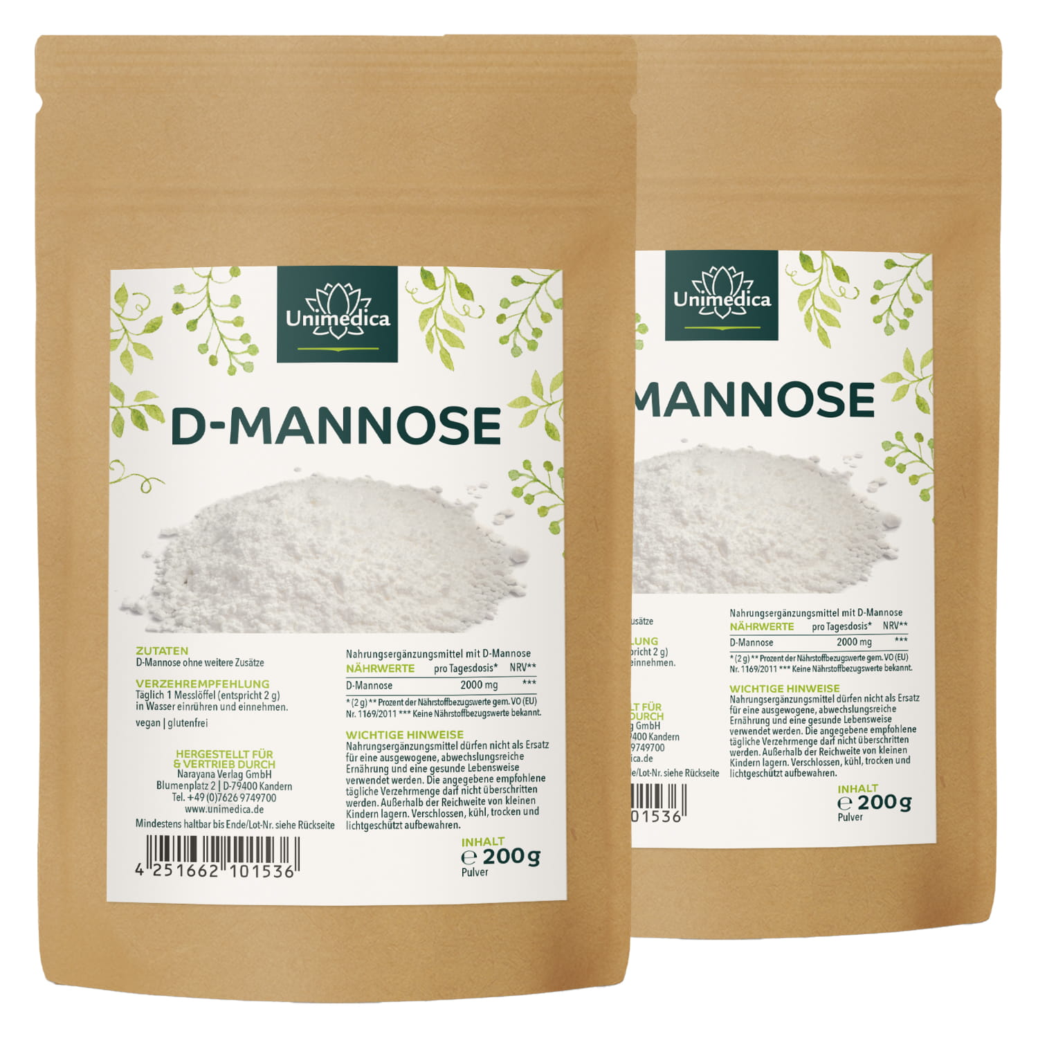 2er-Sparset: D-Mannose - 2000 mg pro Tagesdosis - 2 x 200 g Pulver - von Unimedica