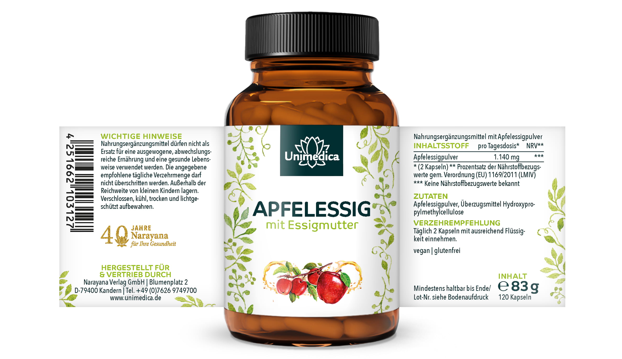 2er-Sparset: Apfelessig mit Essigmutter - 1140 mg Apfelessigpulver pro Tagesdosis (2 Kapseln) - 2 x 120 Kapseln - von Unimedica
