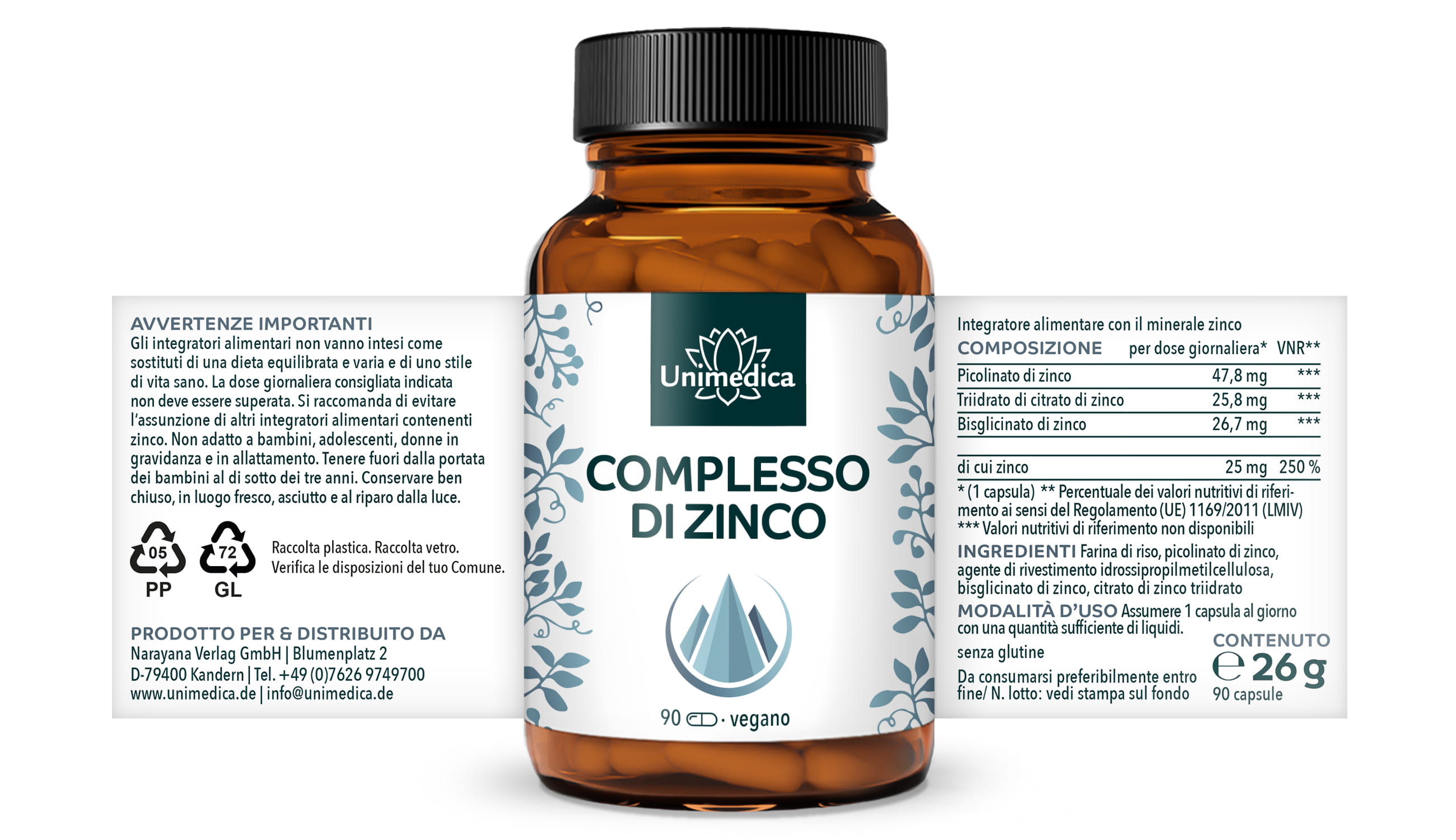 Complesso di zinco - 3 forme - 25 mg di zinco per dose giornaliera (1 capsula) - ad alto dosaggio - 90 capsule - di Unimedica