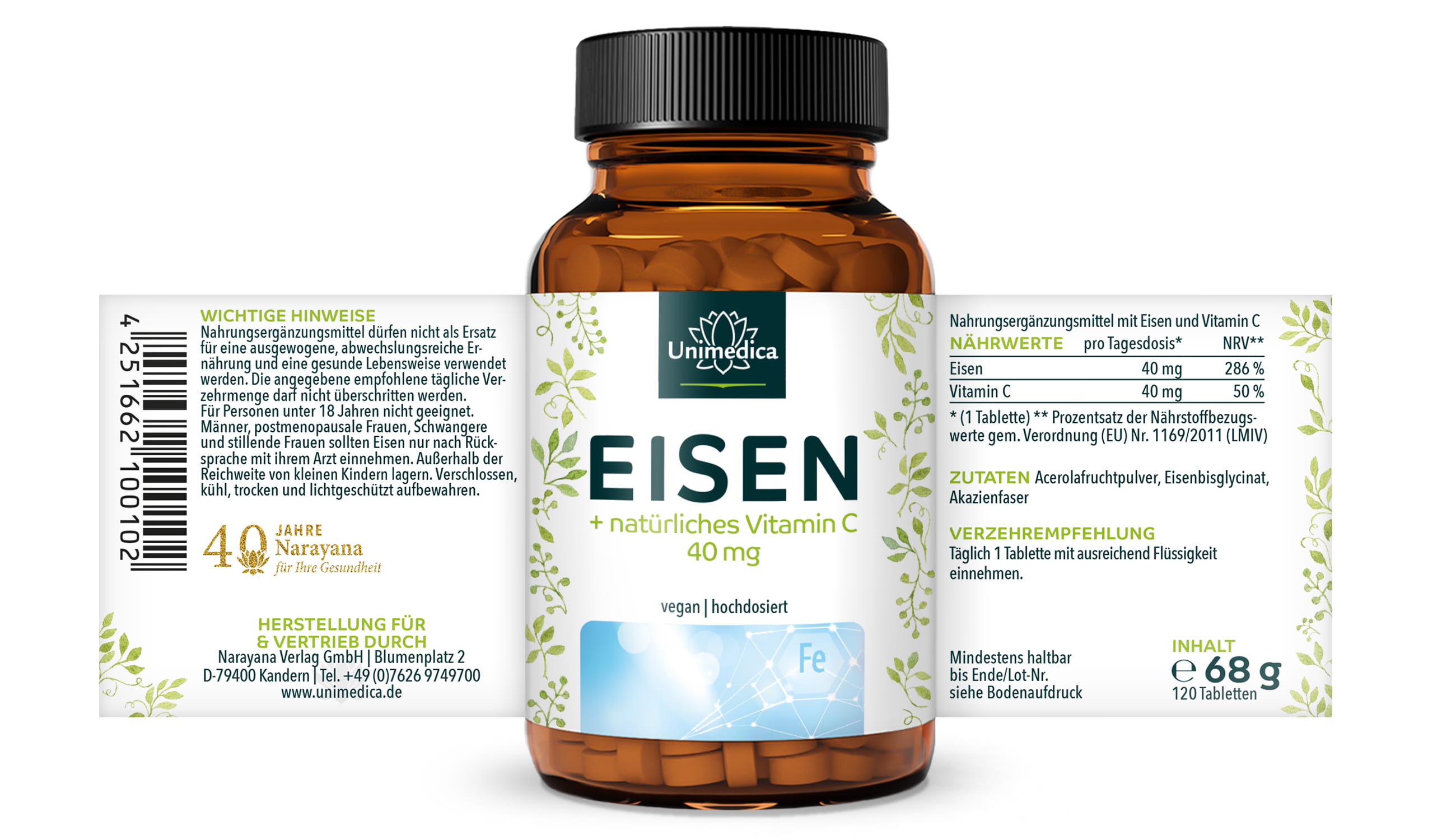 Sparset: Vegan Komplett - Eisen Bisglycinat 40 mg mit 40 mg Vitamin C UND Vitamin B12 mit Folat - 180 Tabletten UND Vegane Omega 3 Algenöl Tropfen mit DHA, EPA und DPA - 50 ml - von Unimedica