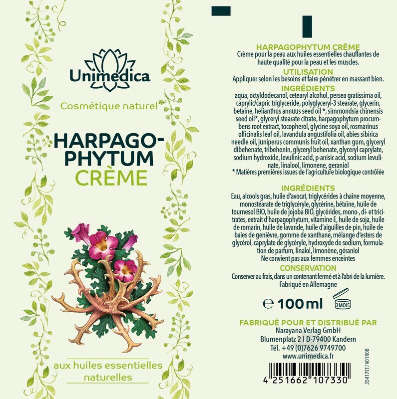 Crème à l'harpagophytum - aux huiles essentielles 100 % naturelles - 100 ml - par Unimedica