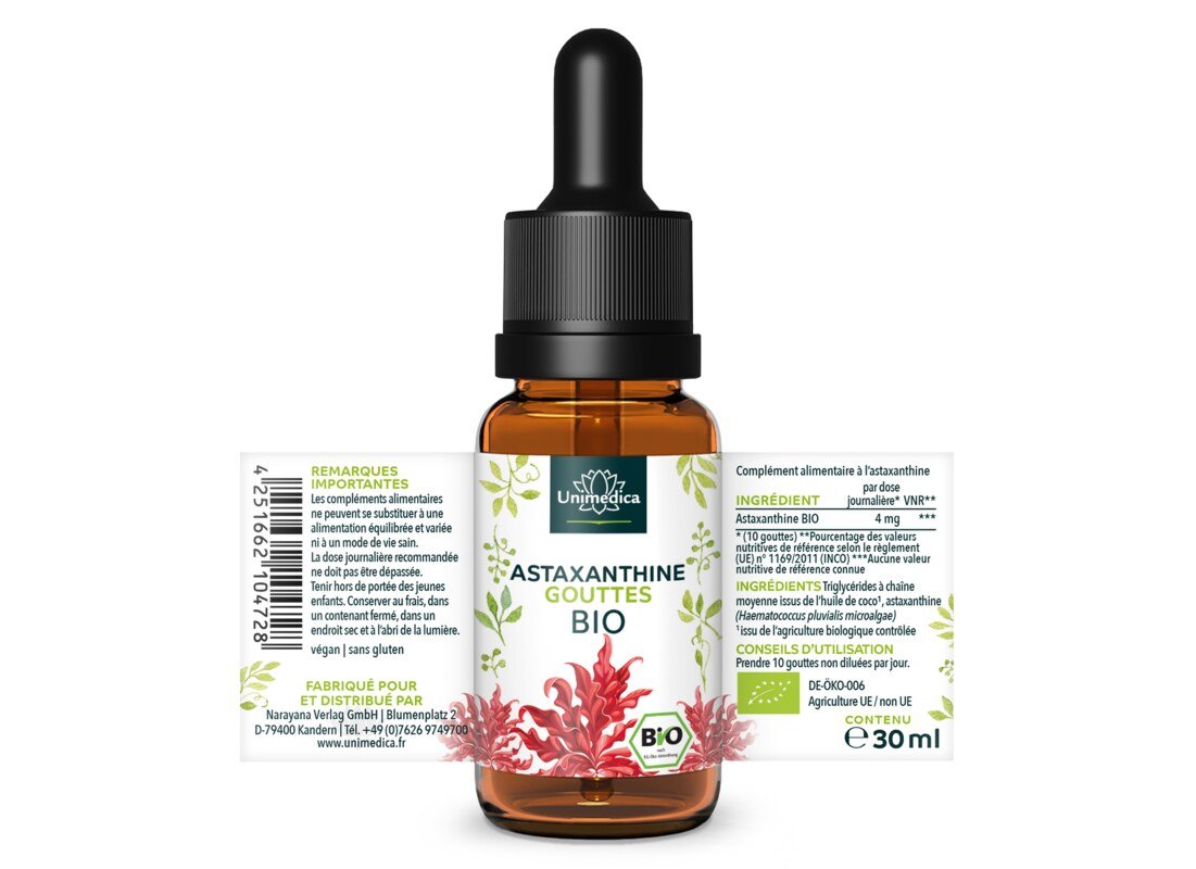 Gouttes d'astaxanthine BIO - 4 mg par dose journalière - 30 ml - par Unimedica