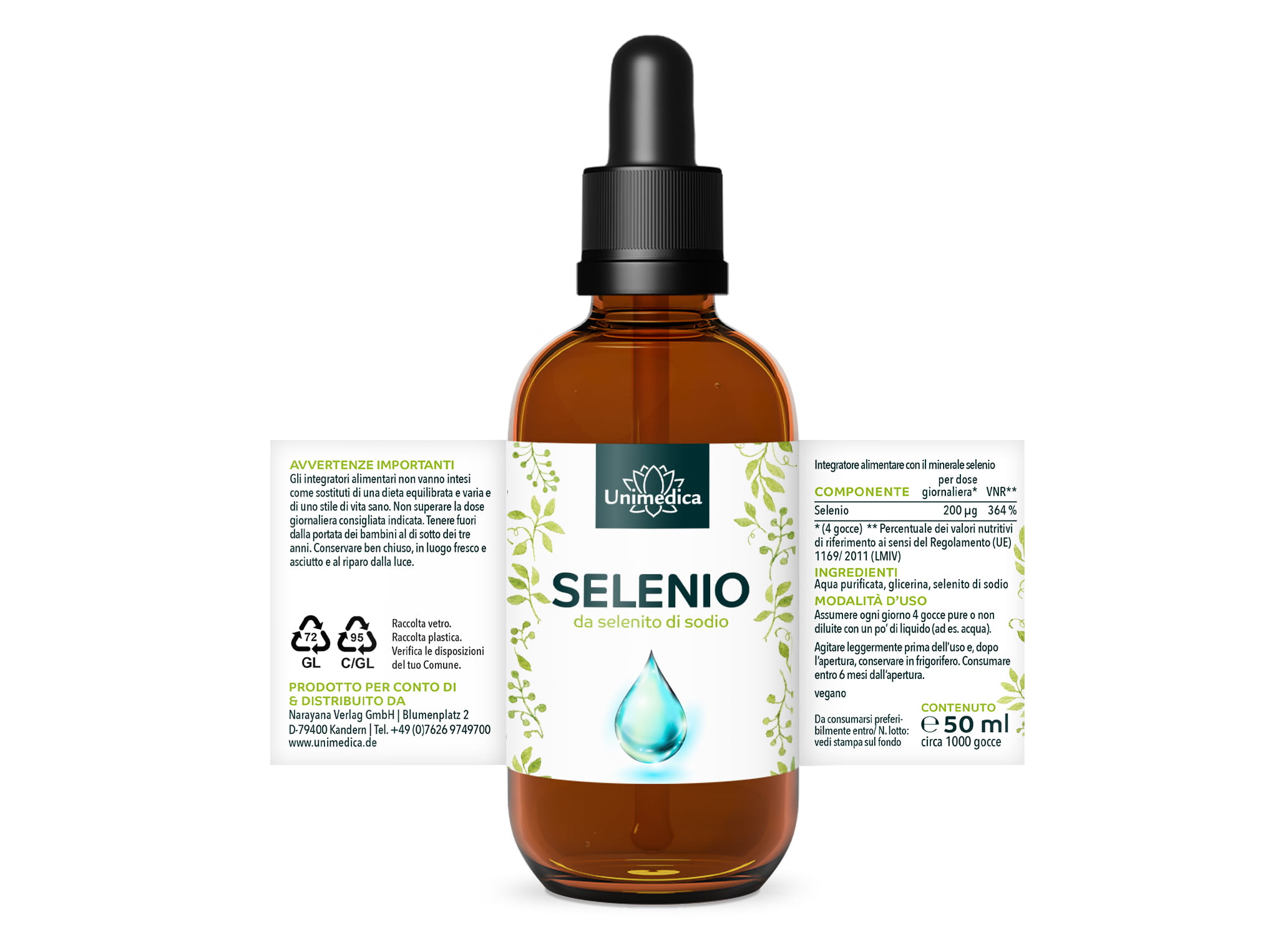 Gocce di selenio - 200 µg per dose giornaliera, ad alto dosaggio (4 gocce) - da selenito di sodio - 50 ml - di Unimedica