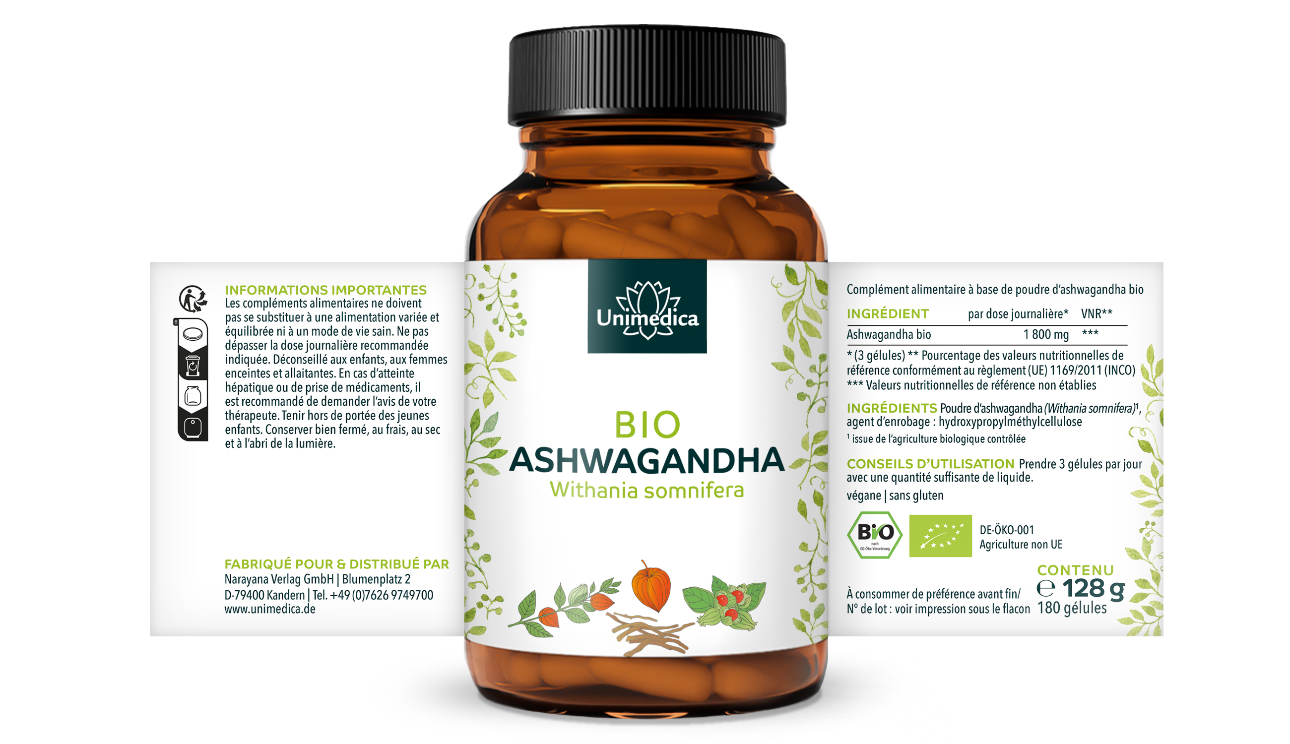 Ashwagandha BIO  1 800 mg par dose journalière (3 gélules)  hautement dosé - 180 gélules - par Unimedica