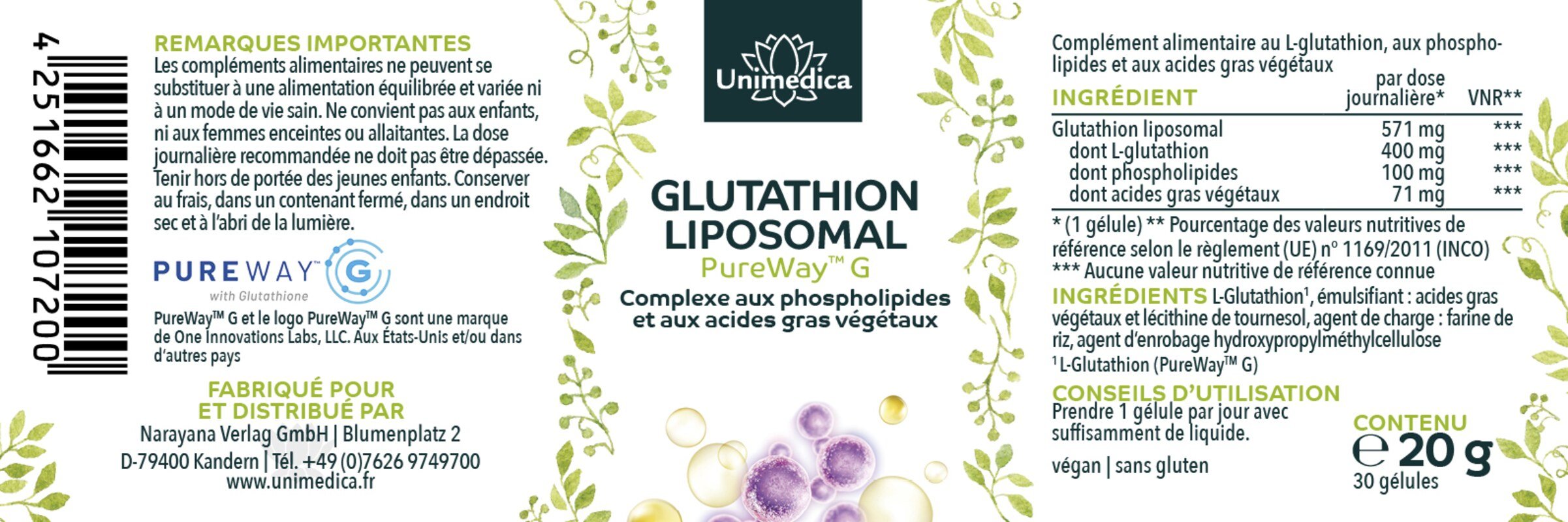 Glutathion liposomal - PureWay-G™ - 400 mg de L-Glutathion par dose journalière (1 gélule) - 30 gélules - par Unimedica