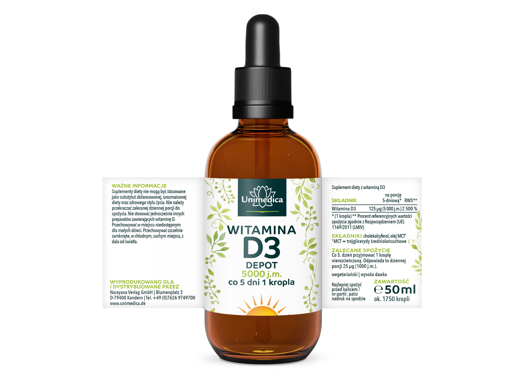 Witamina D3 krople - 5000 j.m. - DEPOT - 125 µg na dawkę 5-dniową (1 kropla) - wysokodawkowe - 50 ml - Unimedica